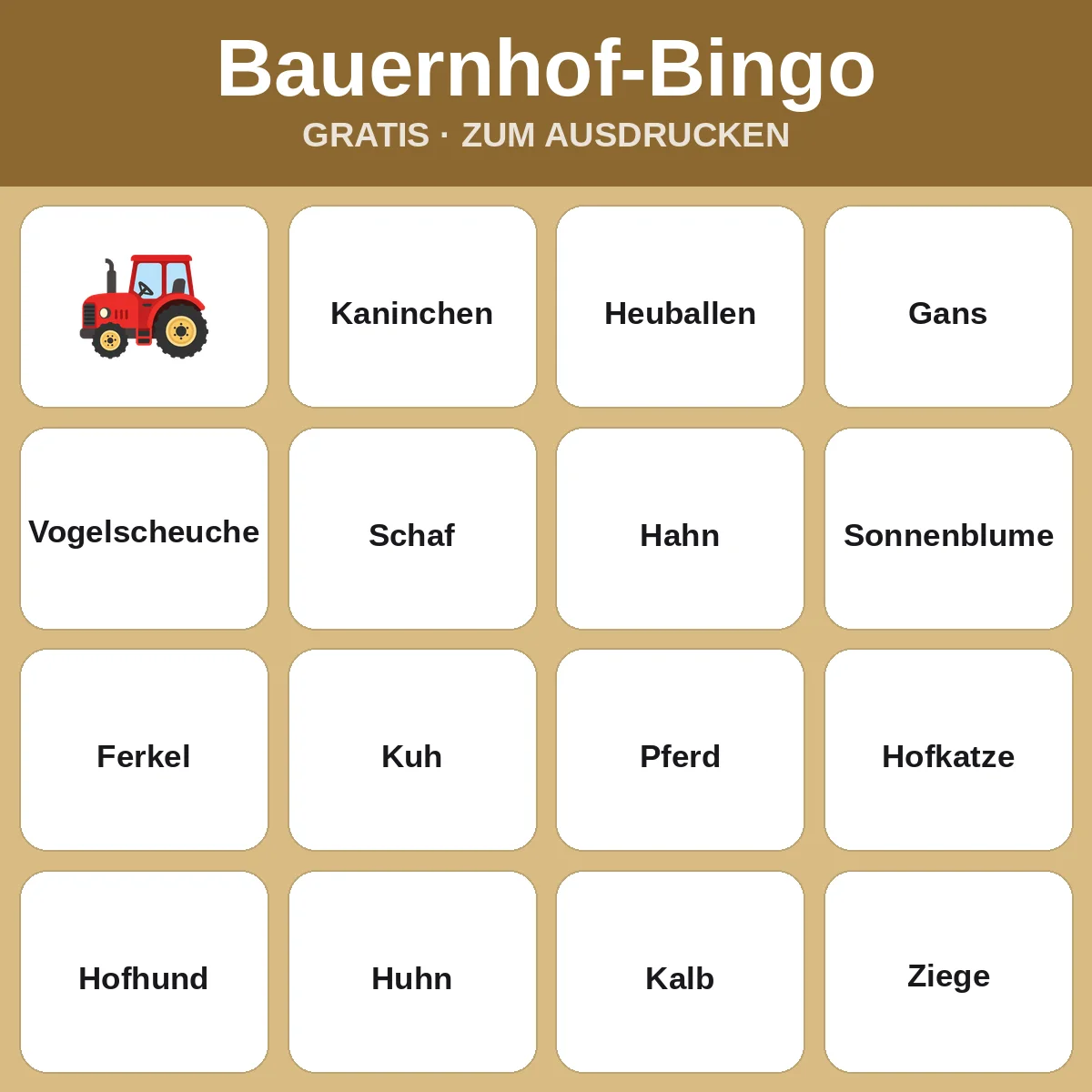 Bauernhof-Bingo – kostenloses Bingo zum Ausdrucken für Kinder