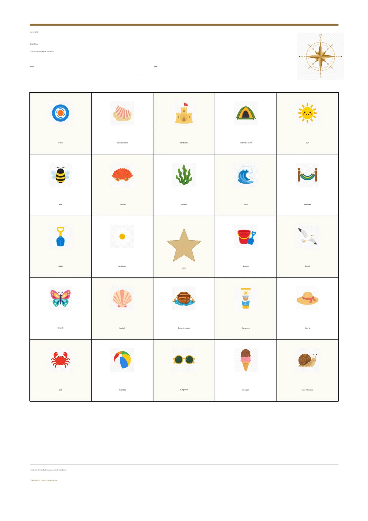 Beach bingo for kids ages 10–12 – free printable A4 board