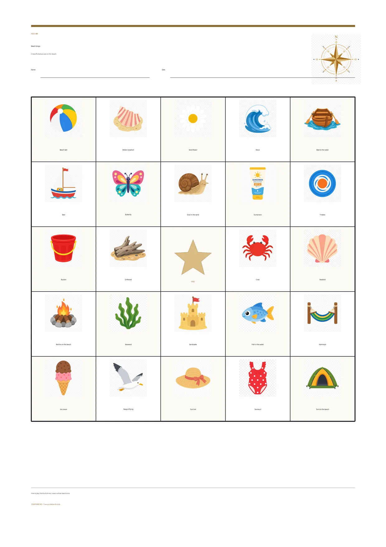Beach bingo for kids ages 4–6 – free printable A4 board