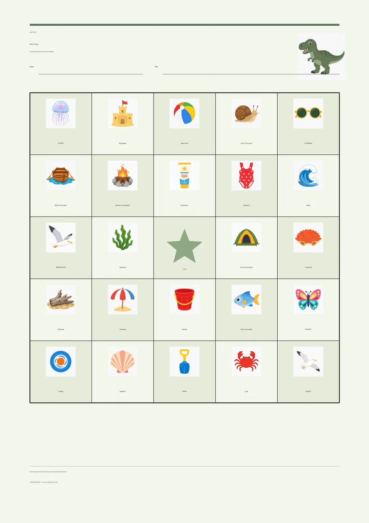 Beach bingo for kids ages 7–9 – Dinosaur theme – free printable A4 board