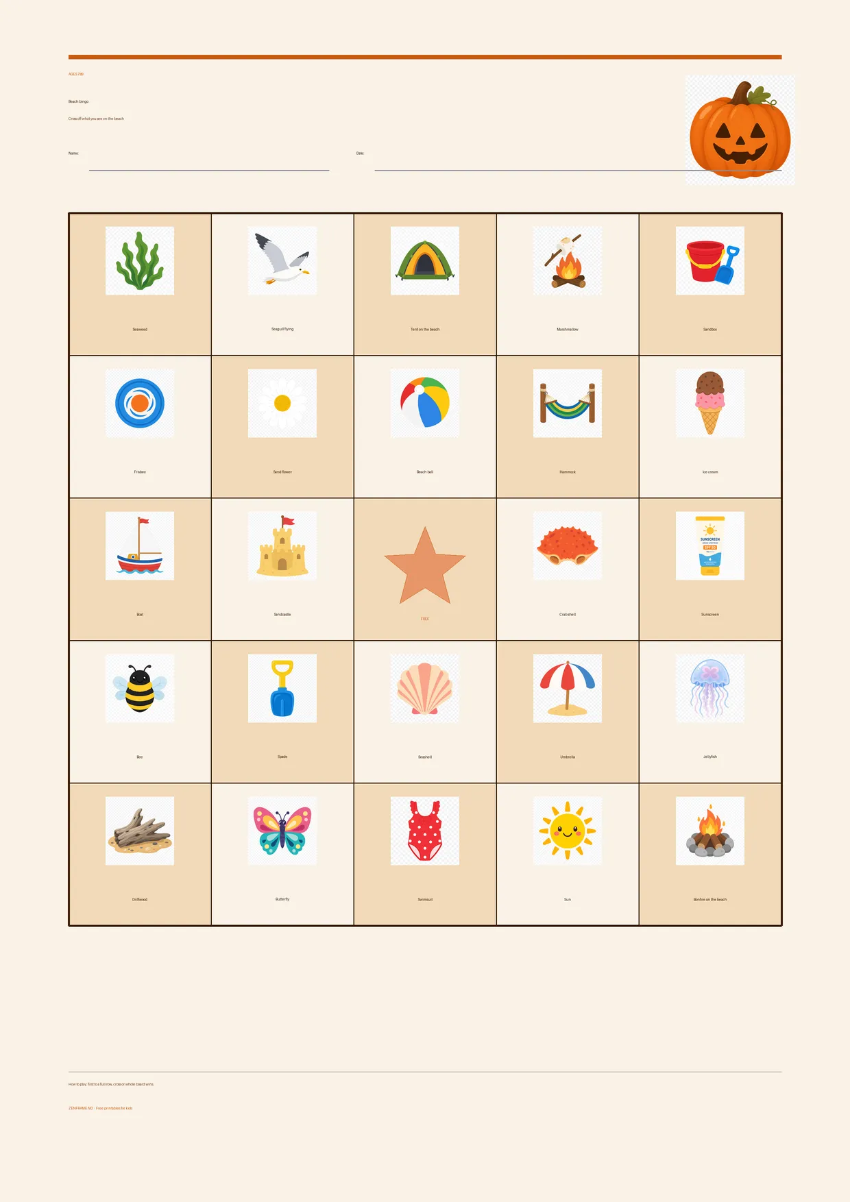 Beach bingo for kids ages 7–9 – Halloween theme – free printable A4 board