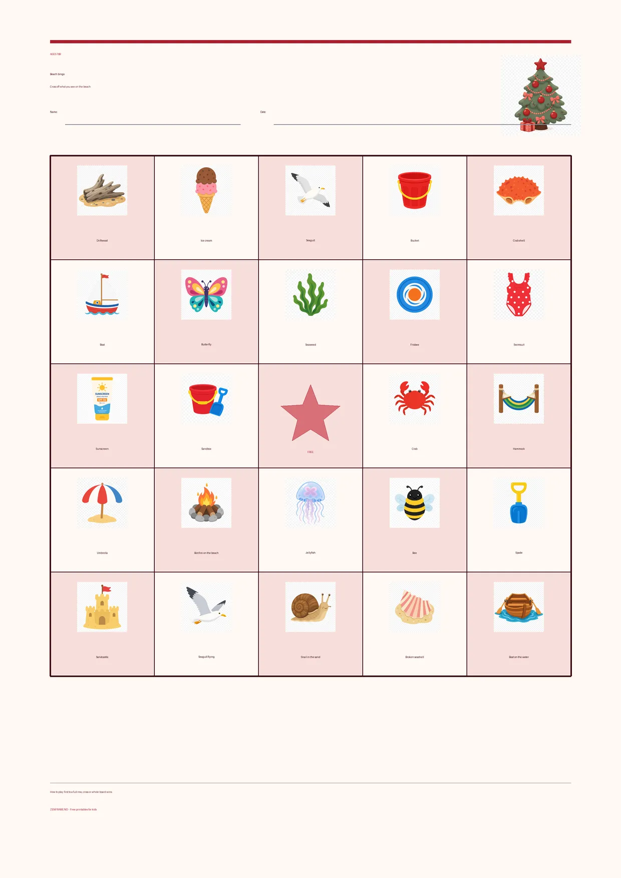 Beach bingo for kids ages 7–9 – Christmas theme – free printable A4 board