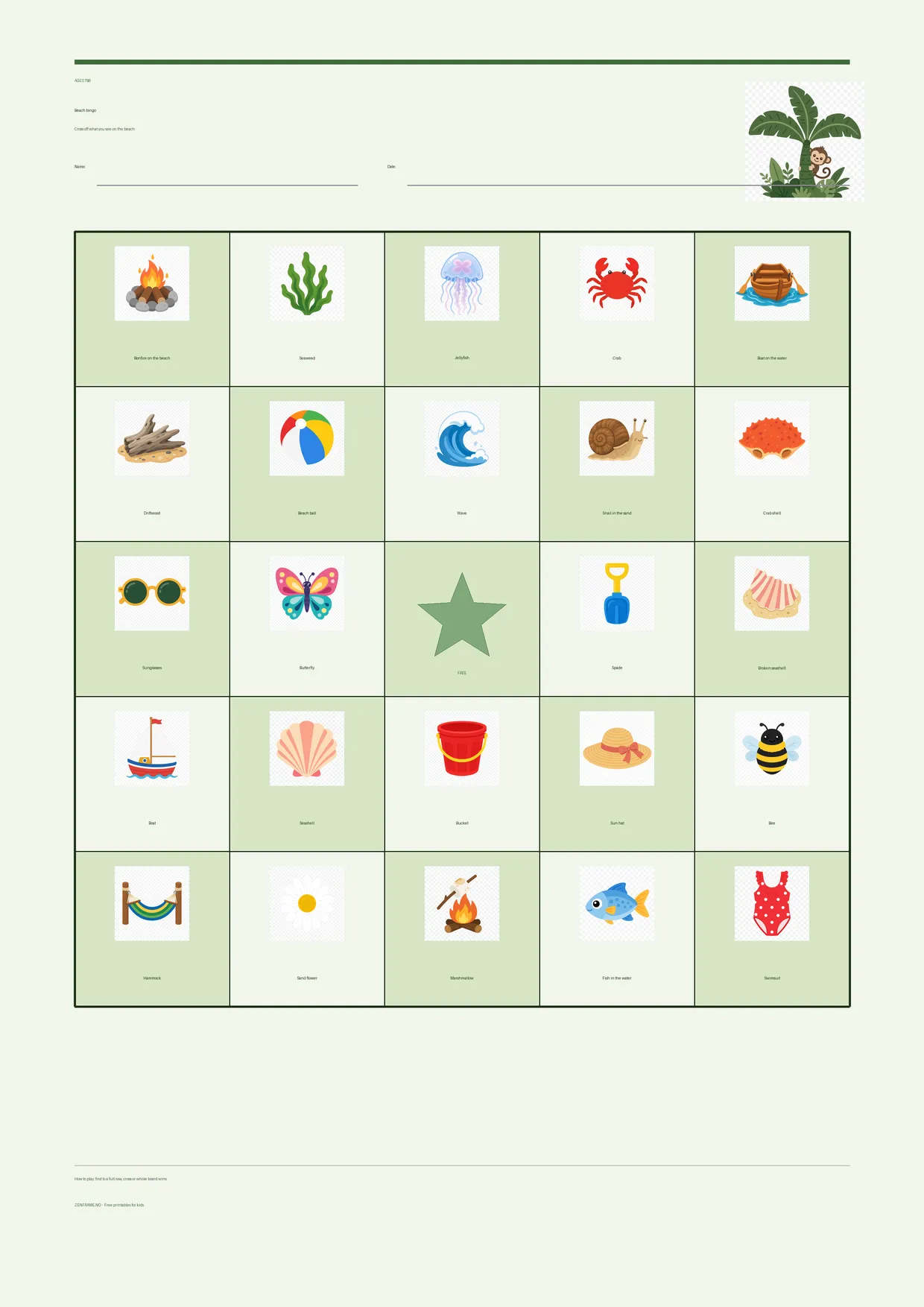 Beach bingo for kids ages 7–9 – Jungle theme – free printable A4 board