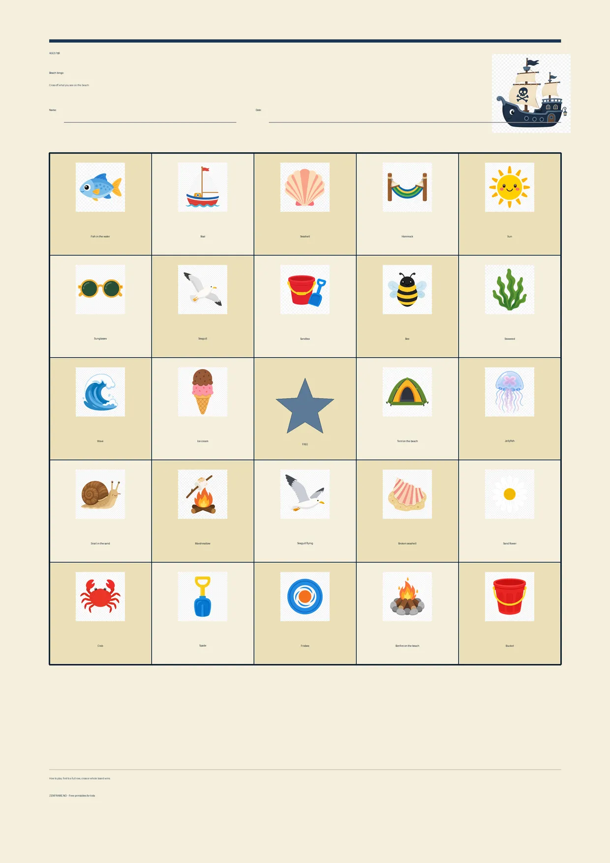 Beach bingo for kids ages 7–9 – Pirate theme – free printable A4 board