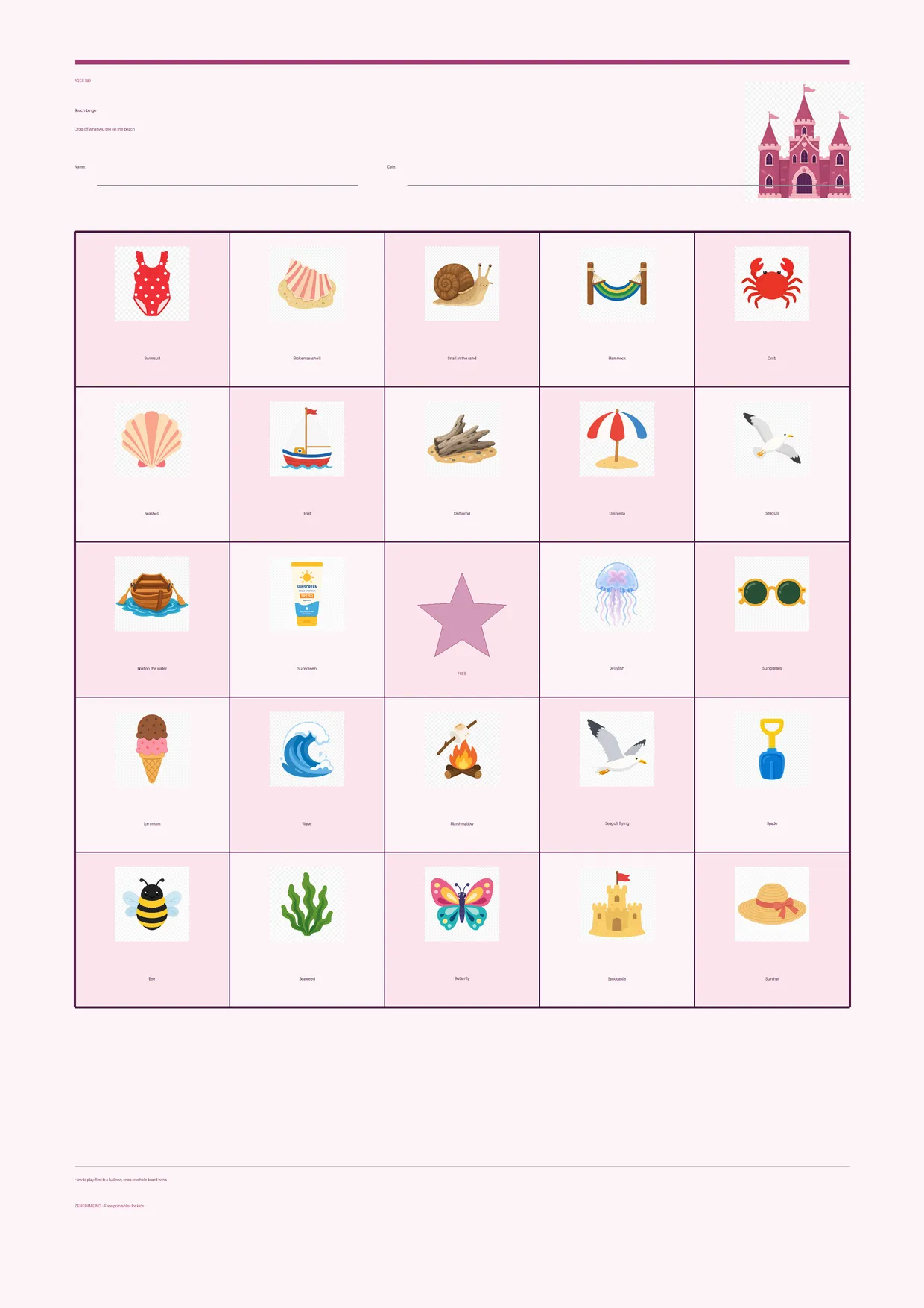 Beach bingo for kids ages 7–9 – Princess theme – free printable A4 board