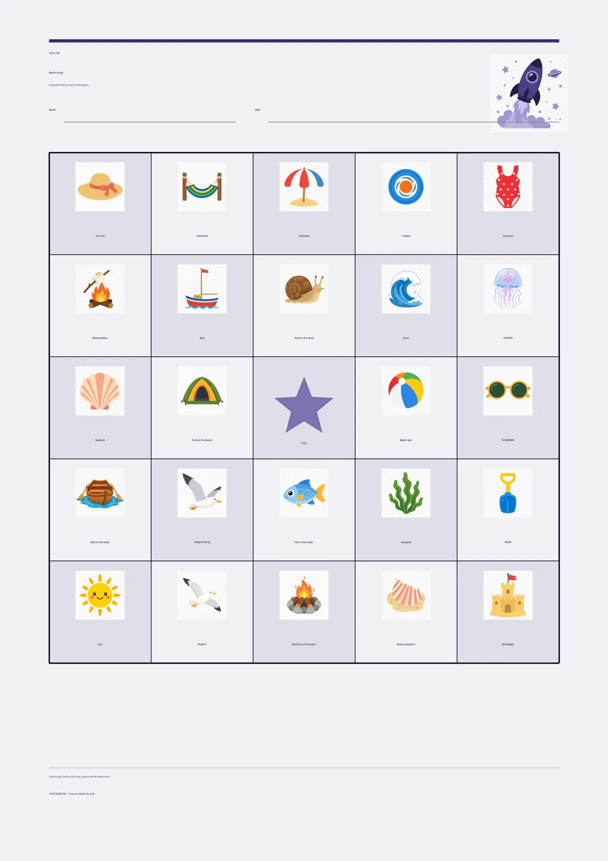Beach bingo for kids ages 7–9 – Space theme – free printable A4 board