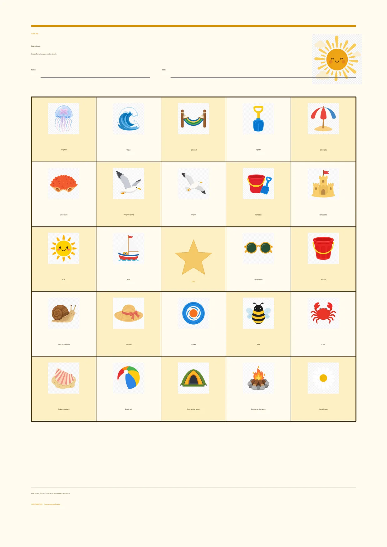 Beach bingo for kids ages 7–9 – Summer theme – free printable A4 board