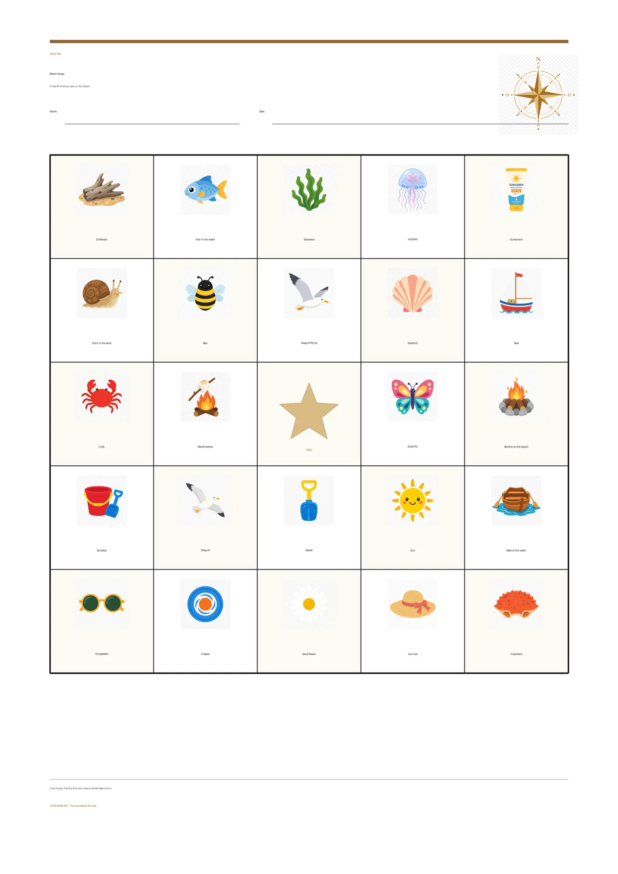Beach bingo for kids ages 7–9 – free printable A4 board