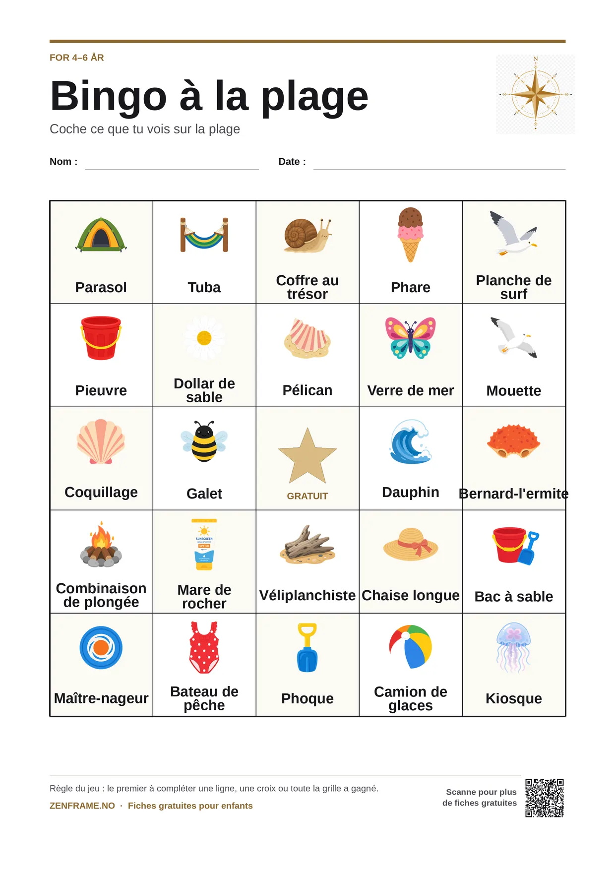 Bingo à la plage pour enfants 4–6 ans – planche A4 gratuite à imprimer