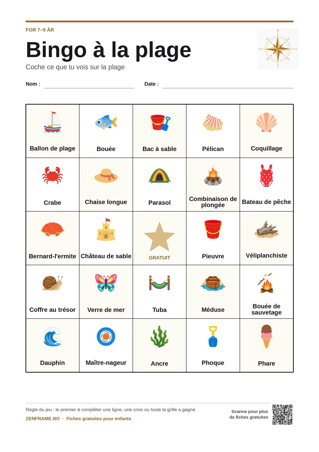 Bingo à la plage pour enfants 7–9 ans – planche A4 gratuite à imprimer