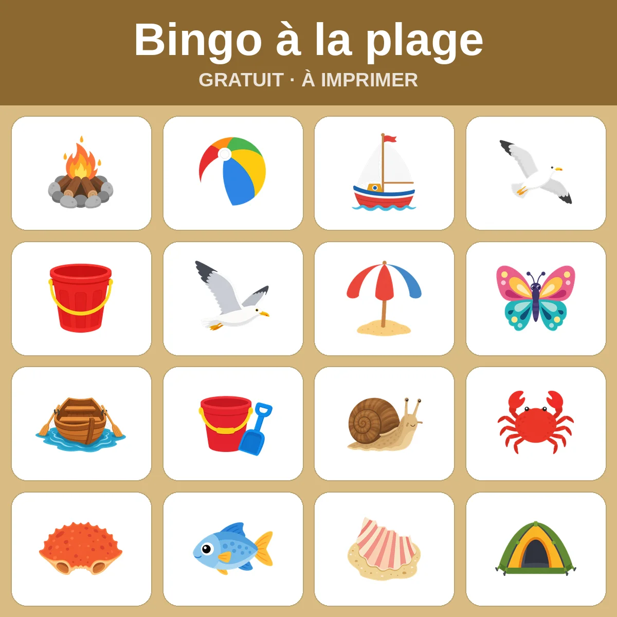 Bingo à la plage – bingo gratuit à imprimer pour enfants