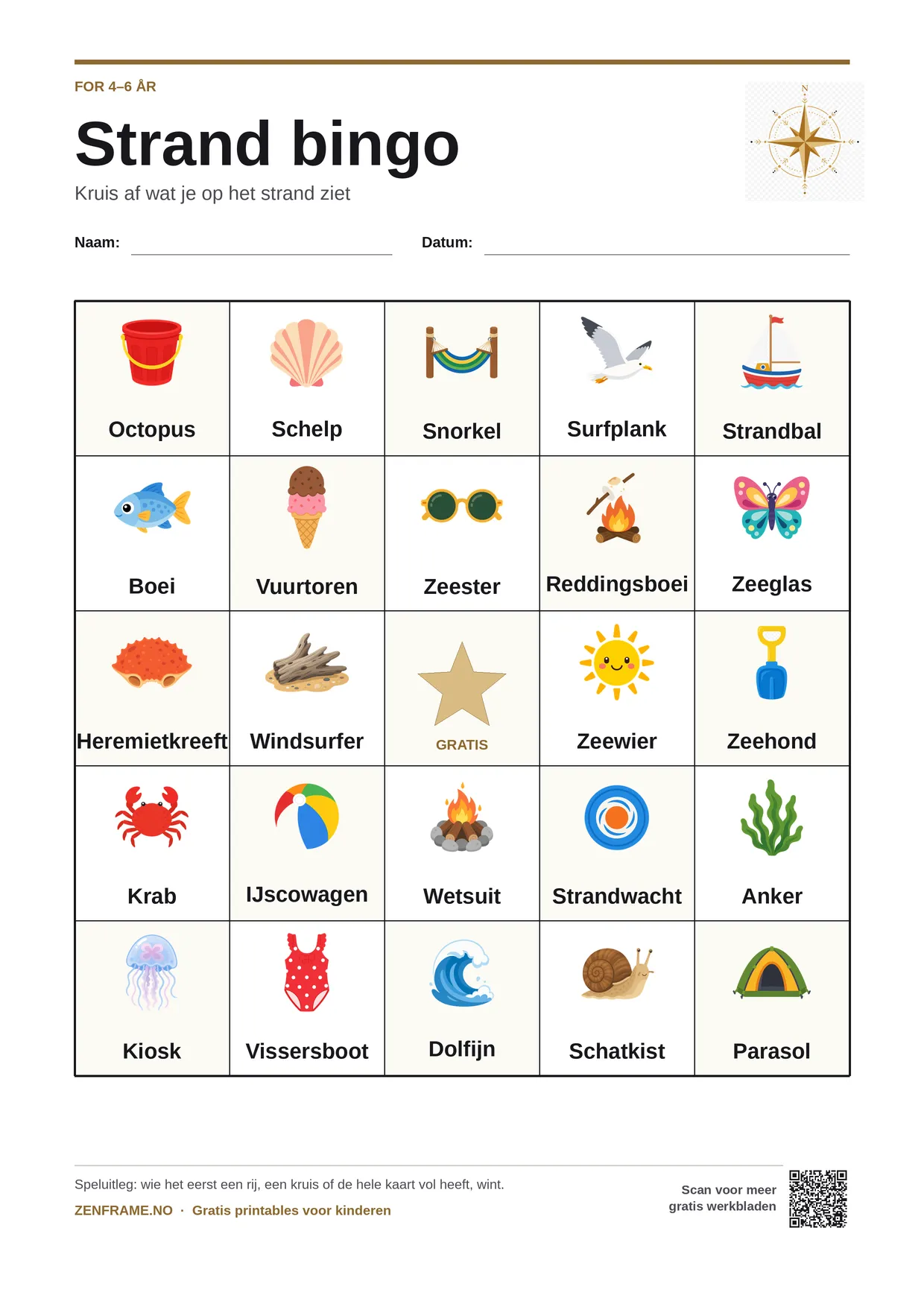 Strand bingo voor kinderen 4–6 jaar – gratis printbare A4-kaart