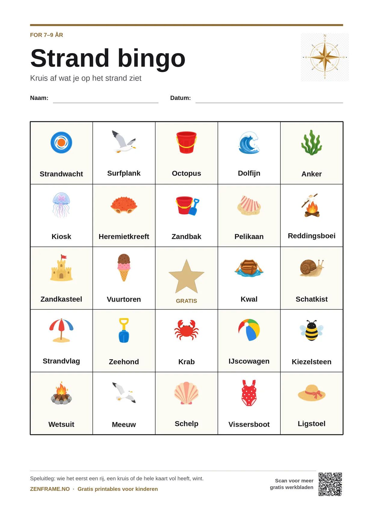 Strand bingo voor kinderen 7–9 jaar – gratis printbare A4-kaart