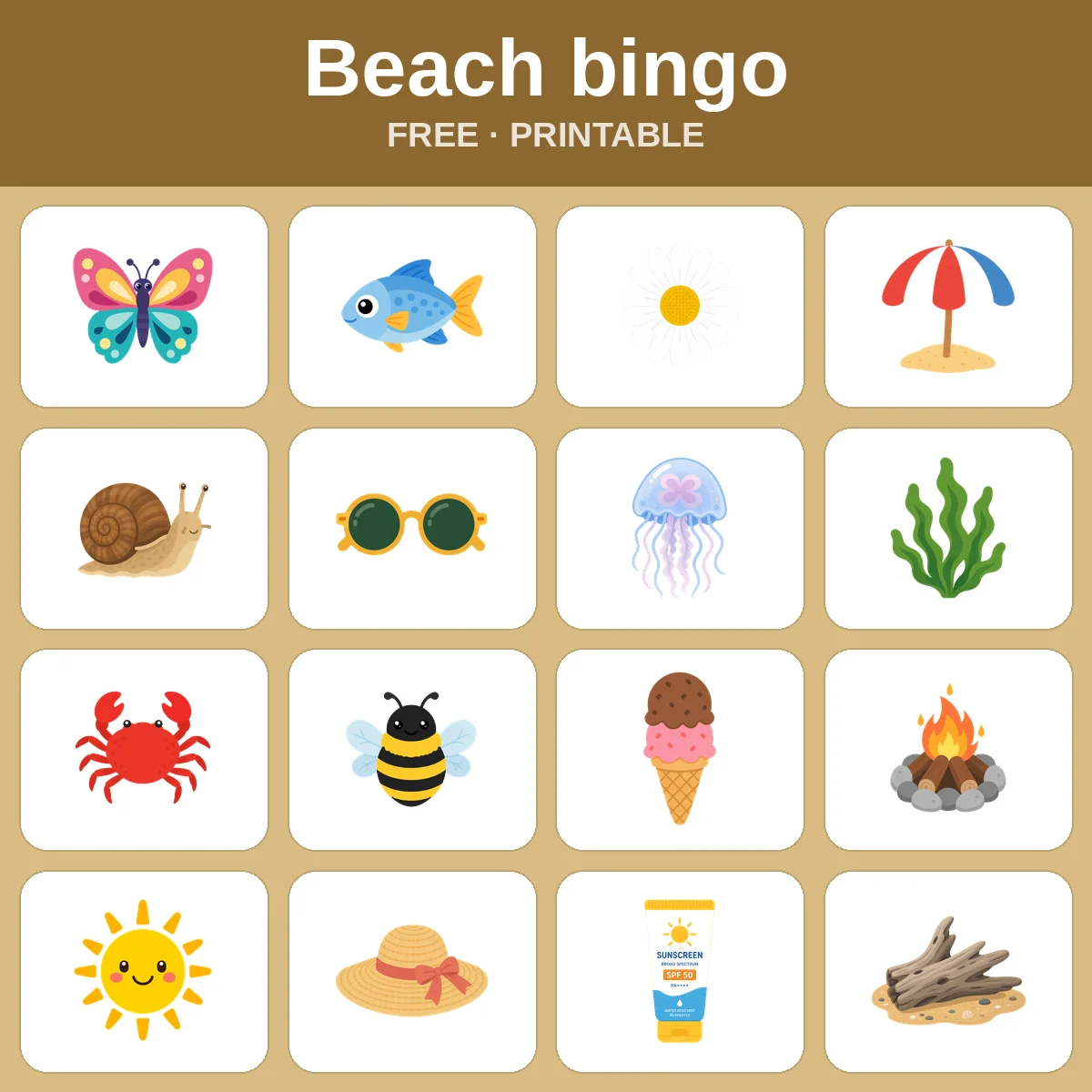 Beach bingo – free printable bingo for kids