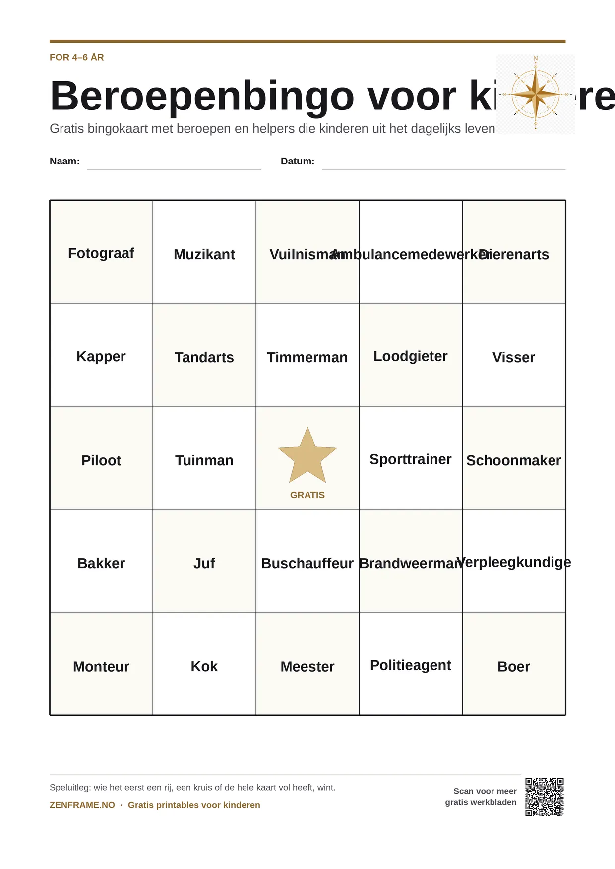 Beroepenbingo voor kinderen 4–6 jaar – gratis printbare A4-kaart