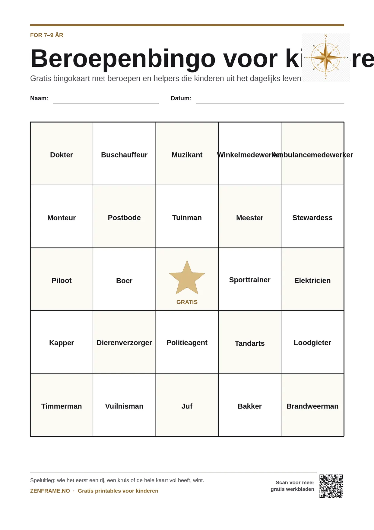 Beroepenbingo voor kinderen 7–9 jaar – gratis printbare A4-kaart