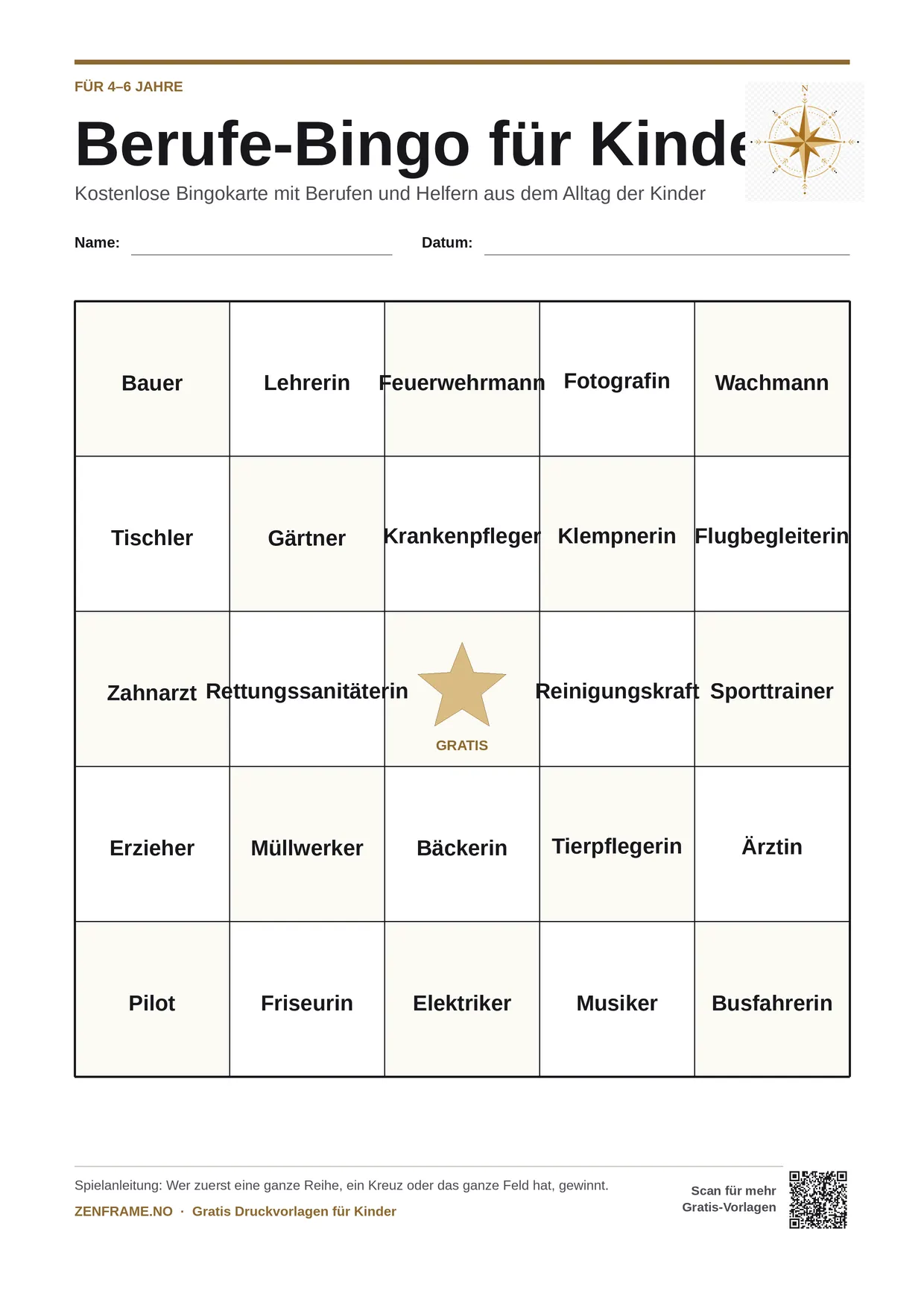 Berufe-Bingo für Kinder 4–6 Jahre – kostenlose A4-Vorlage zum Ausdrucken