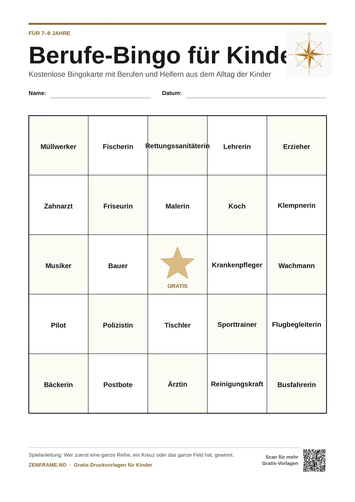 Berufe-Bingo für Kinder 7–9 Jahre – kostenlose A4-Vorlage zum Ausdrucken