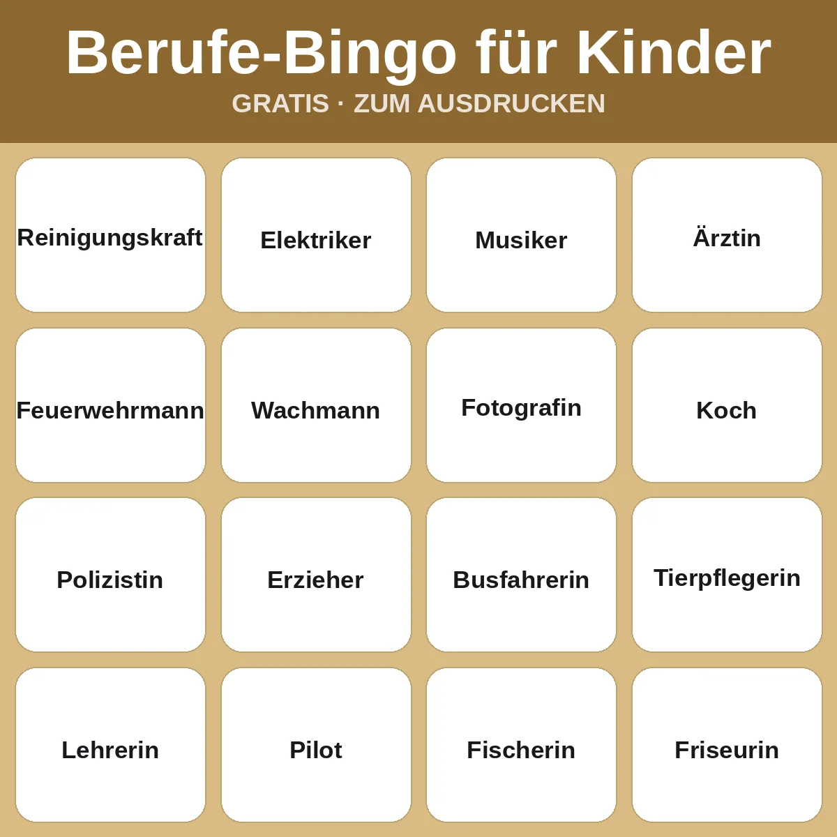 Berufe-Bingo für Kinder – kostenloses Bingo zum Ausdrucken für Kinder
