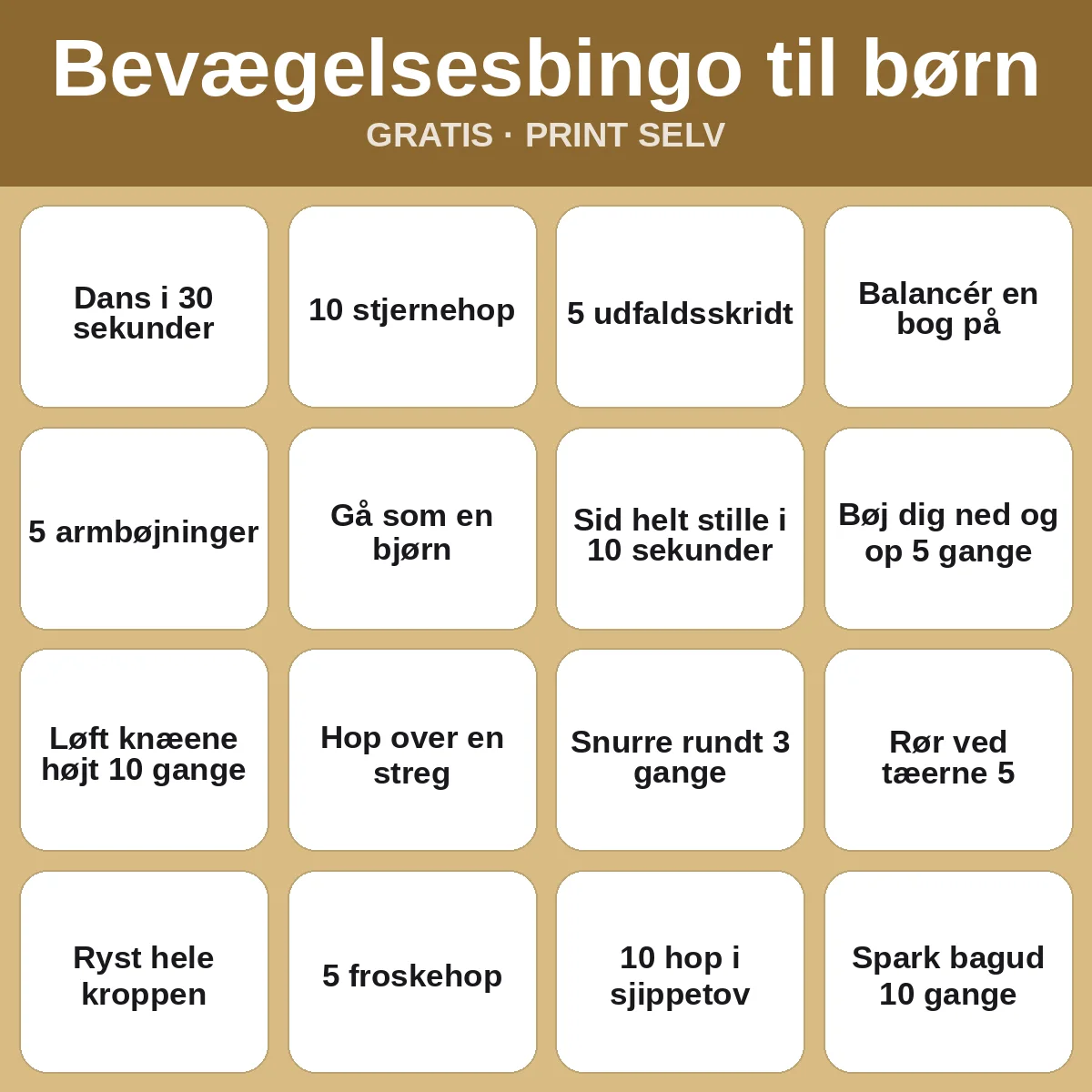 Bevægelsesbingo til børn – gratis bingo til print for børn