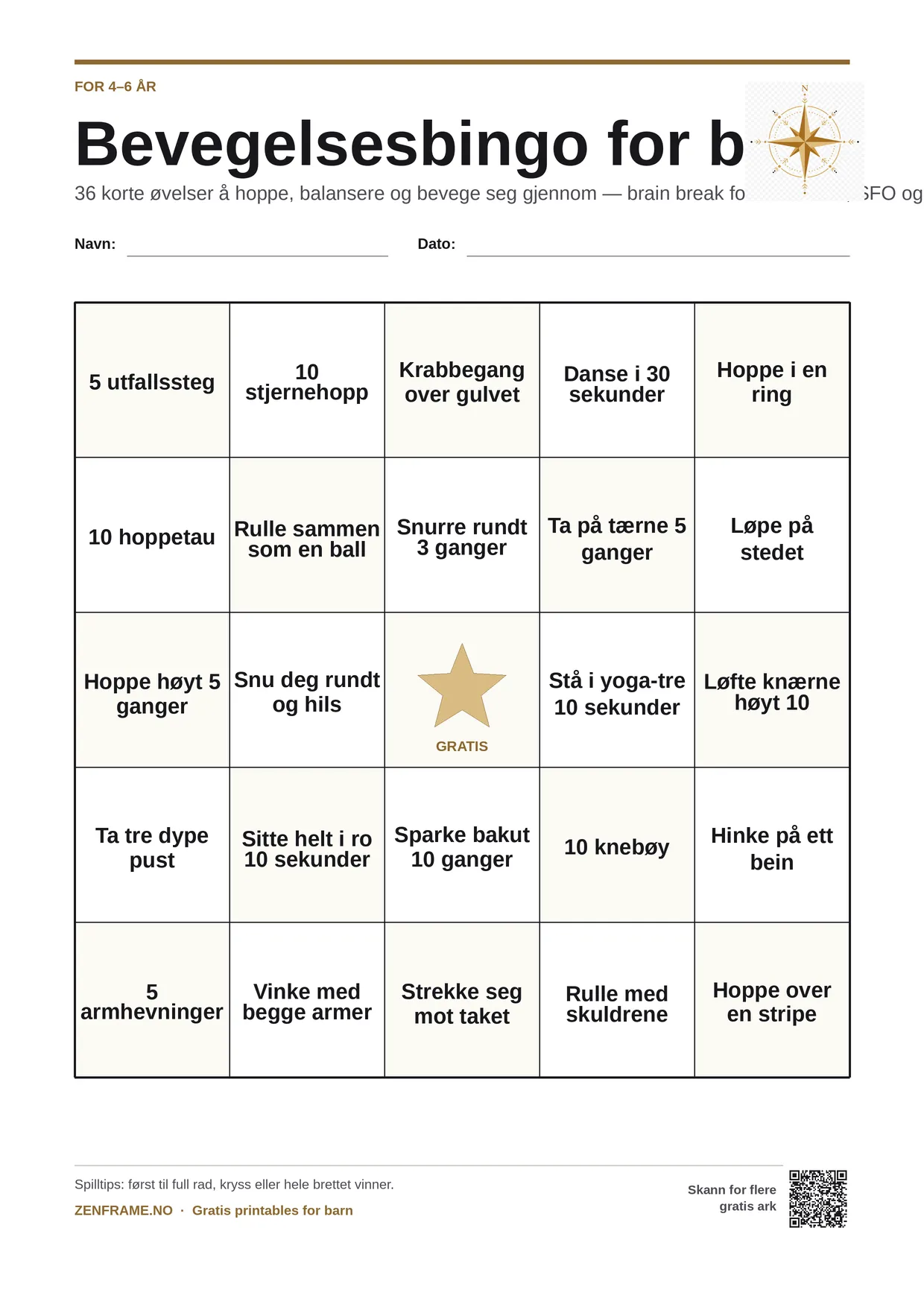 Bevegelsesbingo for barn 4–6 år – gratis utskrivbart A4-brett