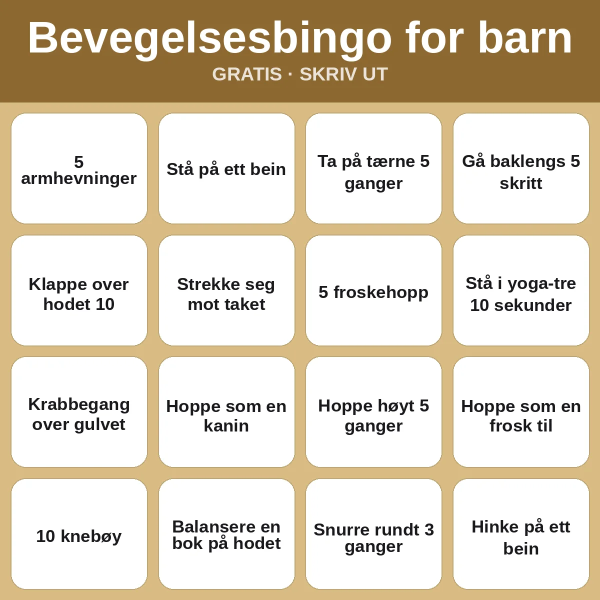 Bevegelsesbingo for barn – gratis bingo til utskrift for barn