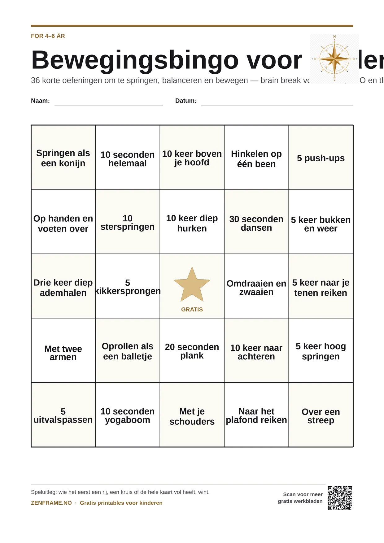 Bewegingsbingo voor kinderen 4–6 jaar – gratis printbare A4-kaart