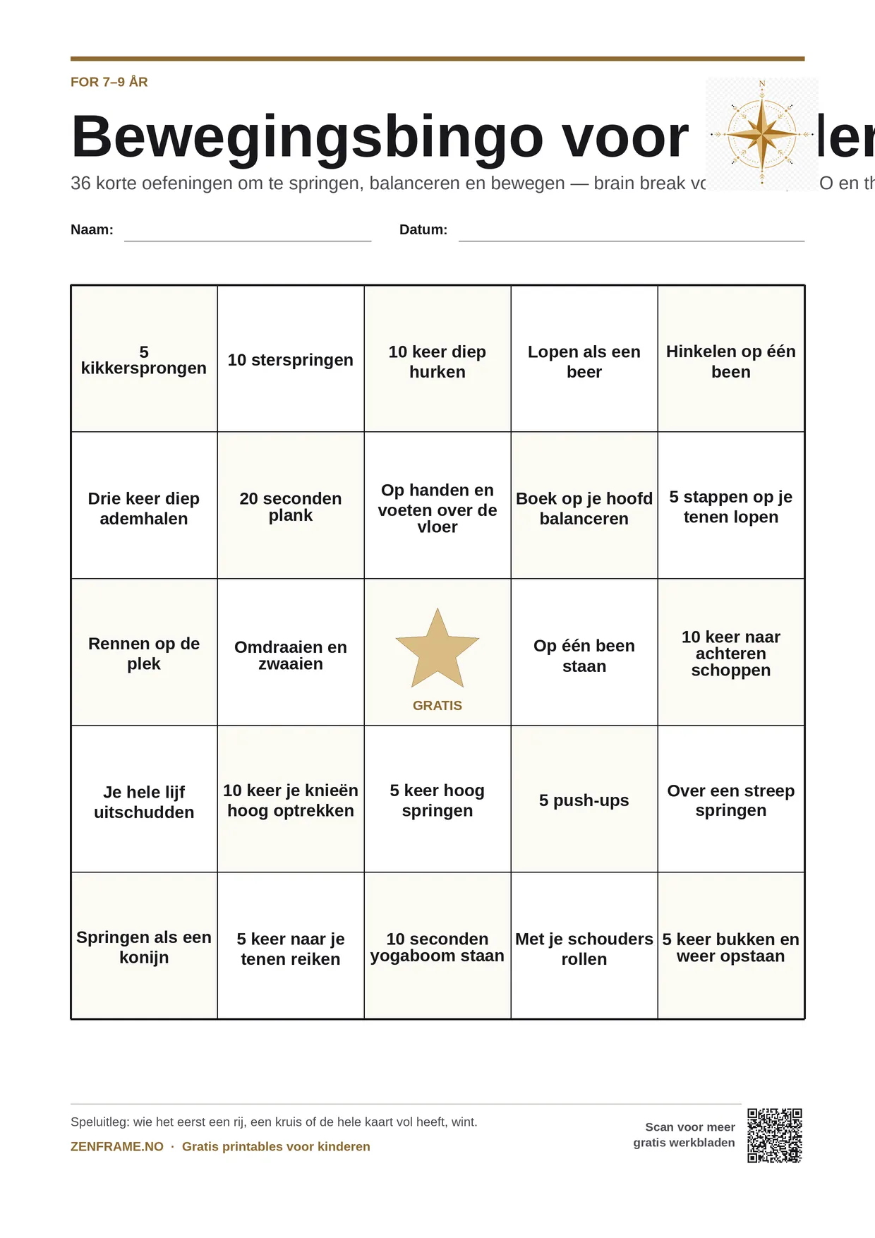 Bewegingsbingo voor kinderen 7–9 jaar – gratis printbare A4-kaart