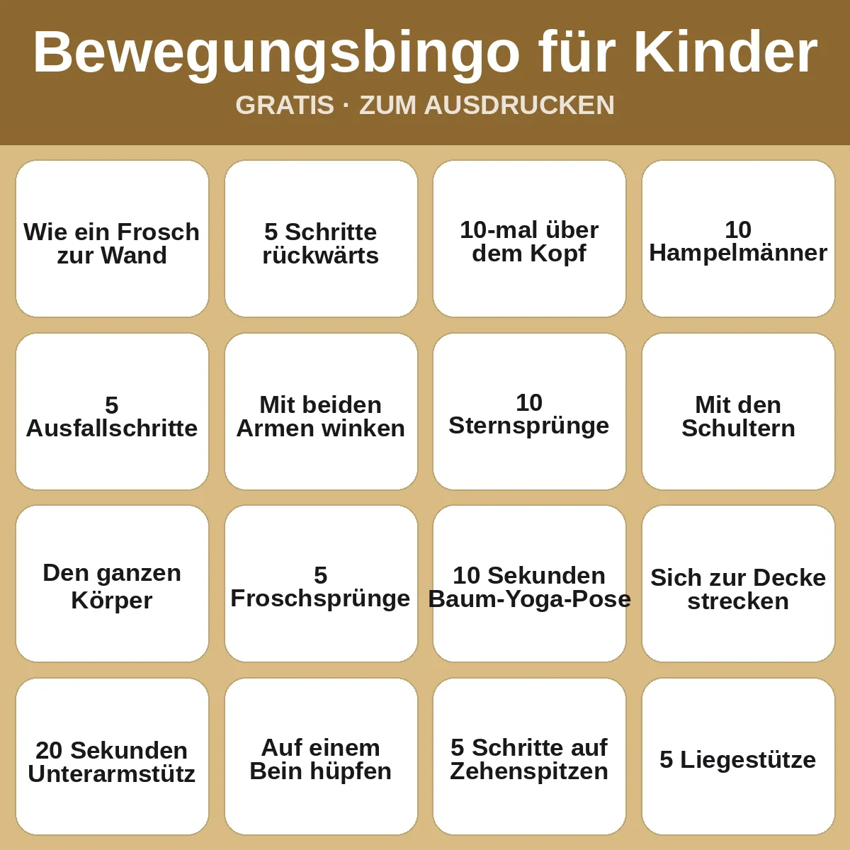 Bewegungsbingo für Kinder – kostenloses Bingo zum Ausdrucken für Kinder
