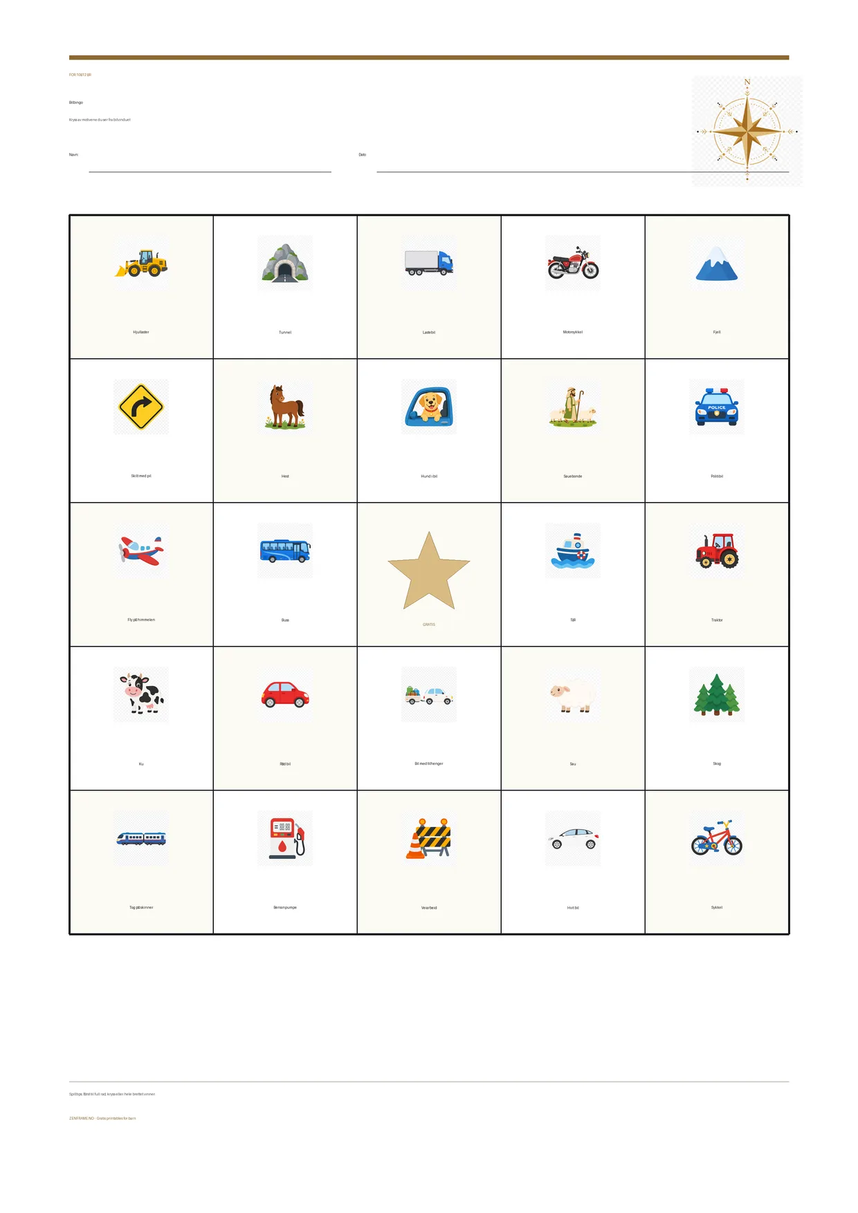 Bilbingo for barn 10–12 år – gratis utskrivbart A4-brett