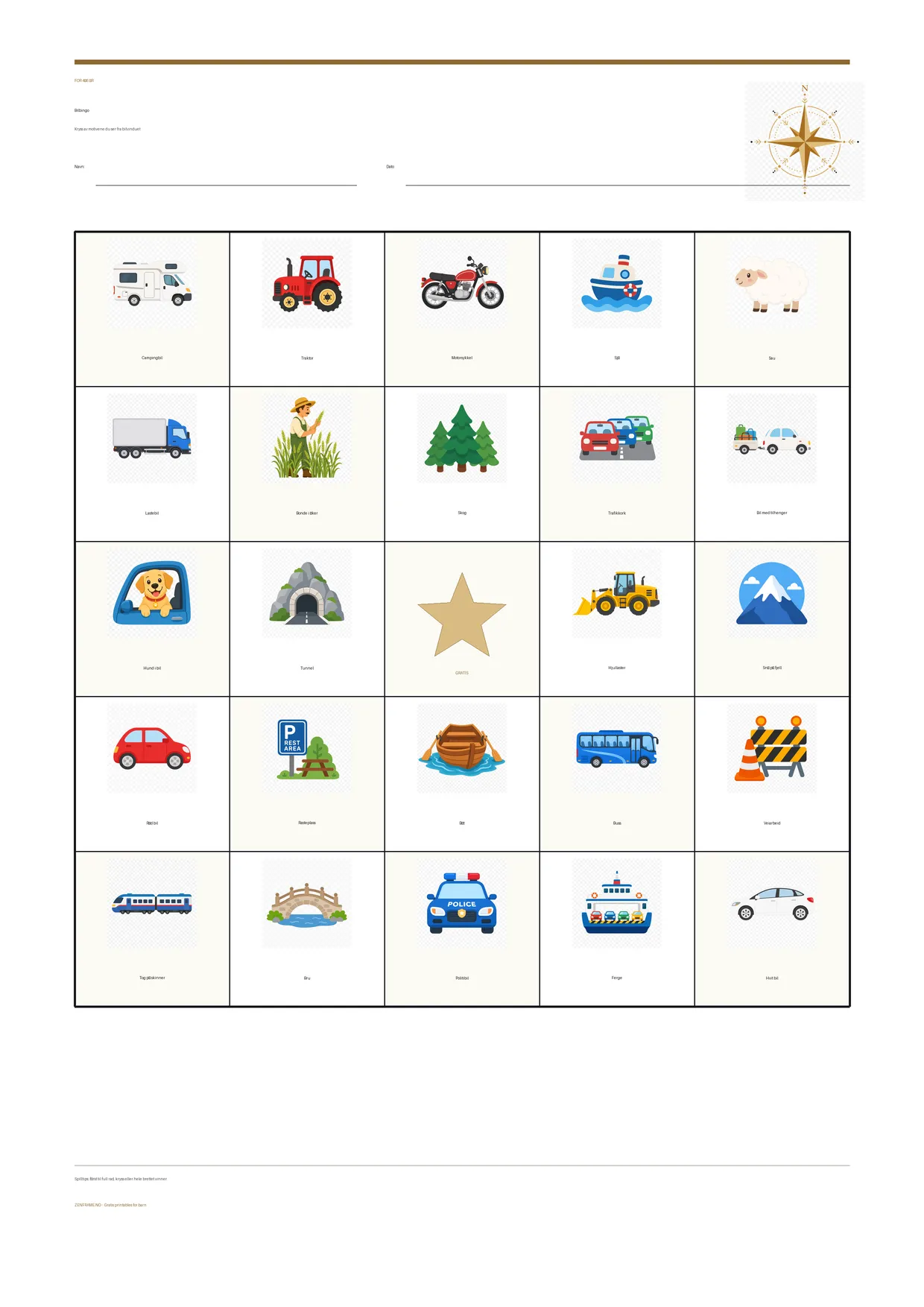 Bilbingo for barn 4–6 år – gratis utskrivbart A4-brett