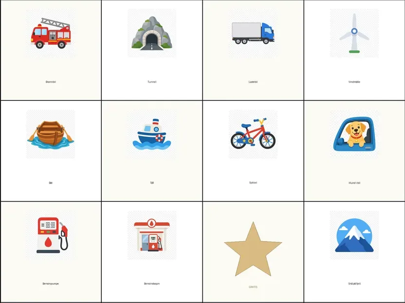 Bilbingo for barn 7–9 år – nærbilde av rutene med motiver