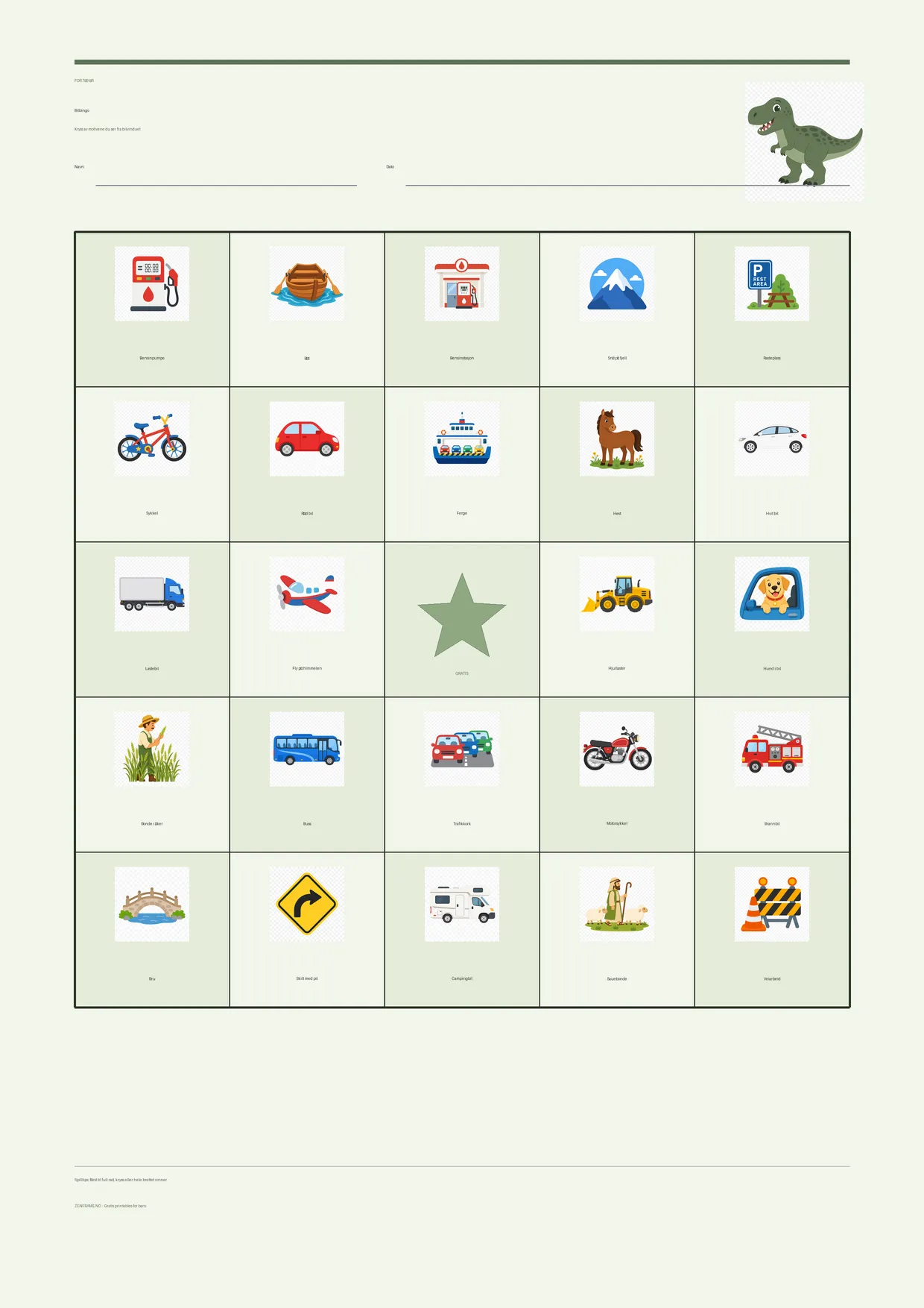 Bilbingo for barn 7–9 år – Dinosaur-tema – gratis utskrivbart A4-brett