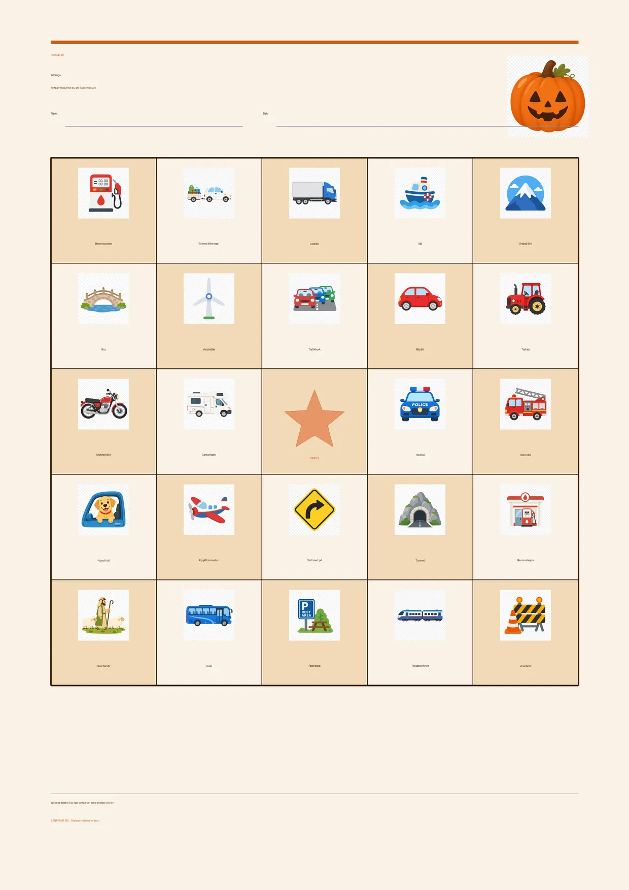 Bilbingo for barn 7–9 år – Halloween-tema – gratis utskrivbart A4-brett