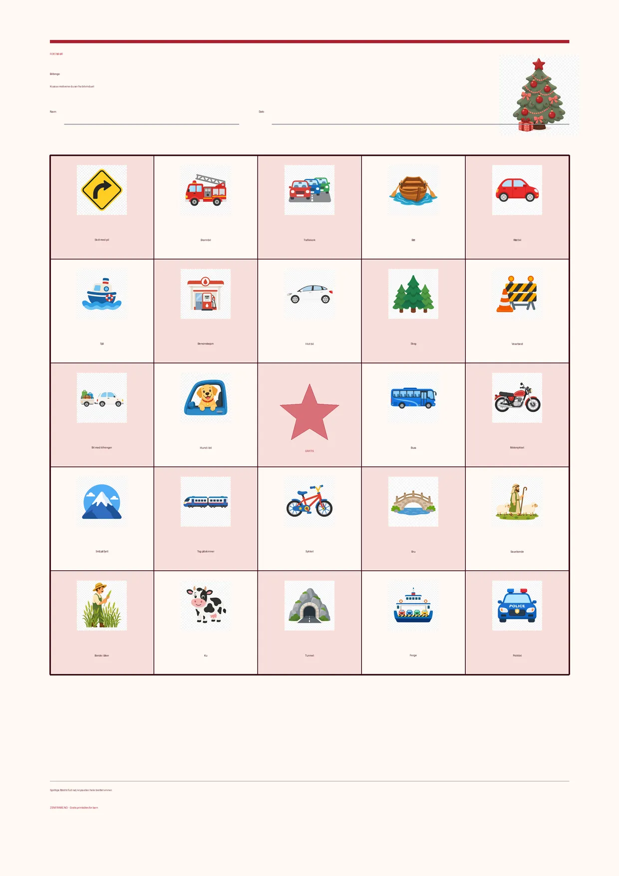 Bilbingo for barn 7–9 år – Jul-tema – gratis utskrivbart A4-brett
