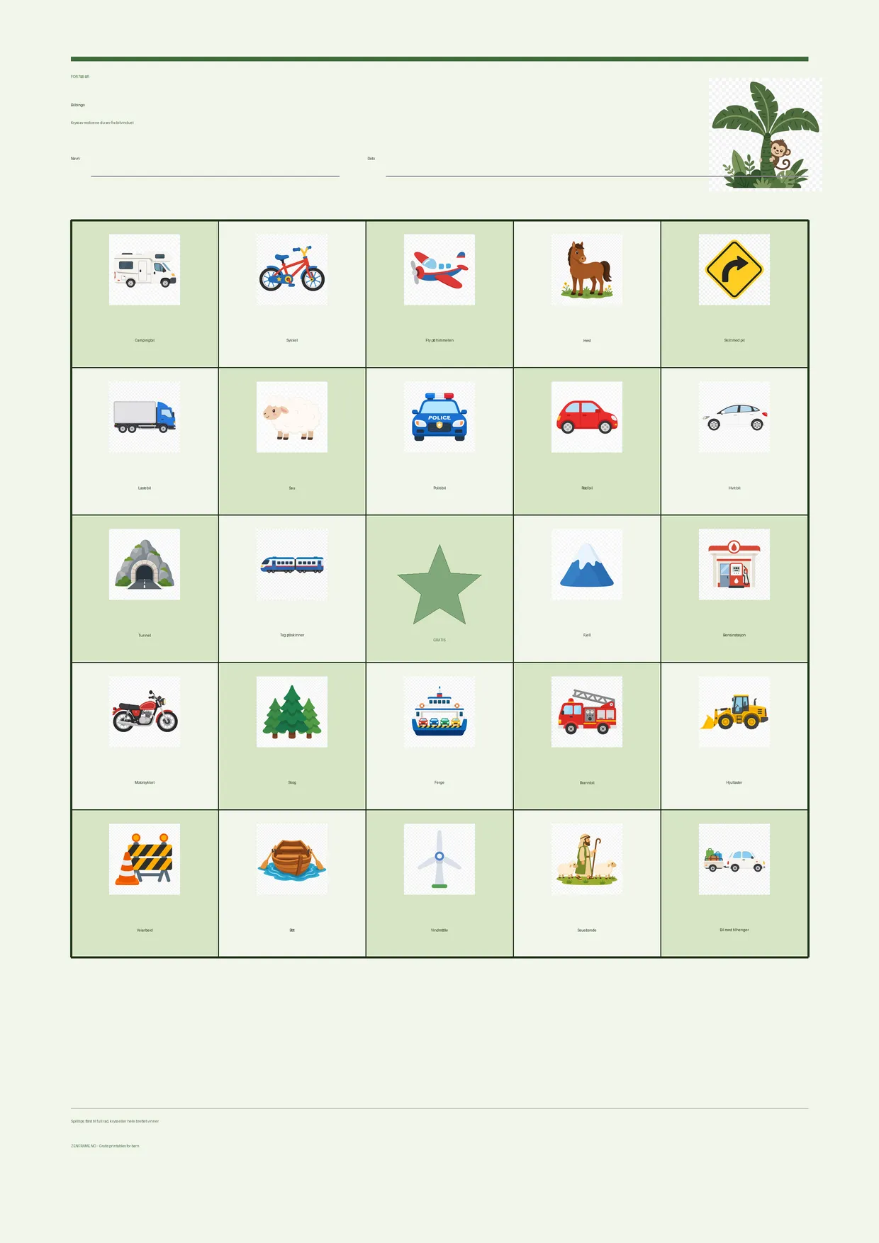 Bilbingo for barn 7–9 år – Jungel-tema – gratis utskrivbart A4-brett