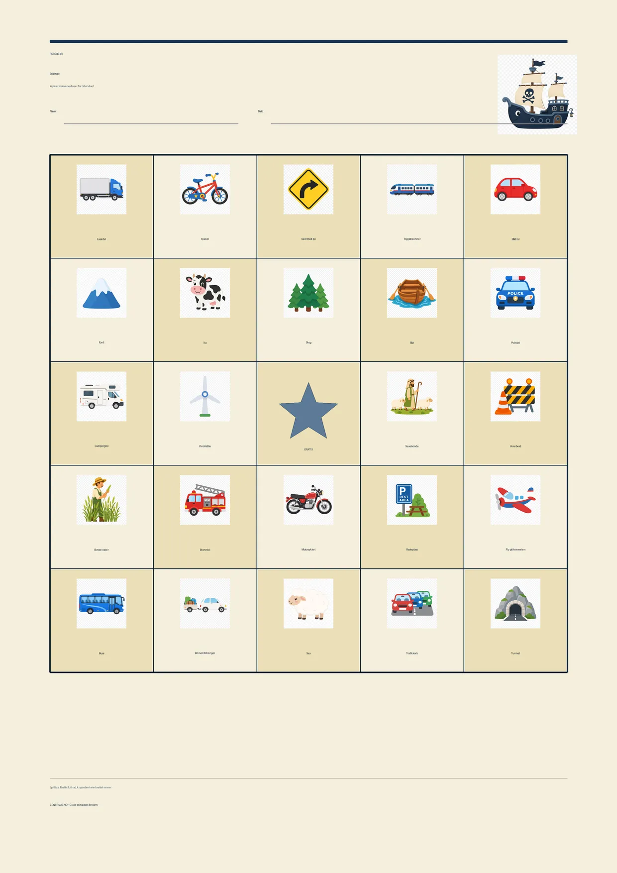 Bilbingo for barn 7–9 år – Pirat-tema – gratis utskrivbart A4-brett