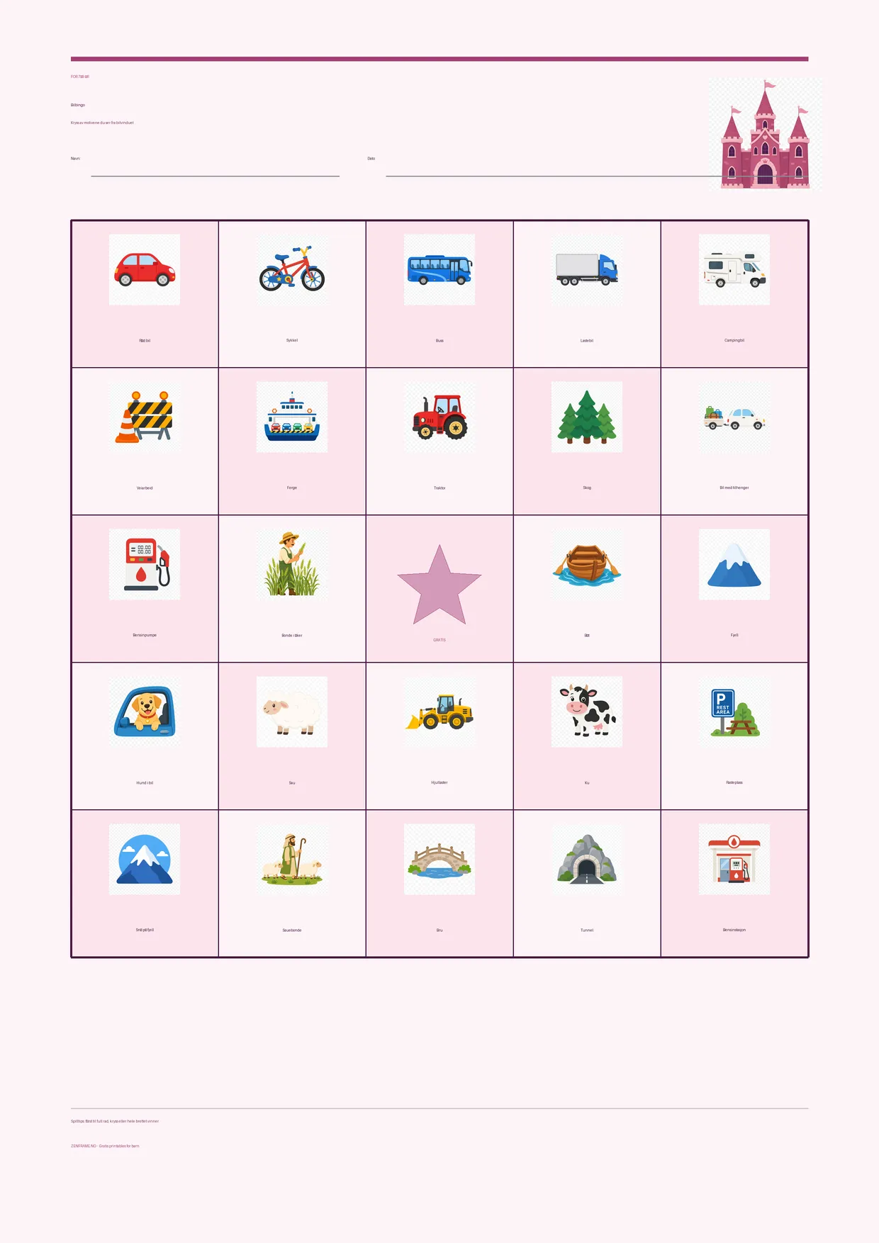 Bilbingo for barn 7–9 år – Prinsesse-tema – gratis utskrivbart A4-brett