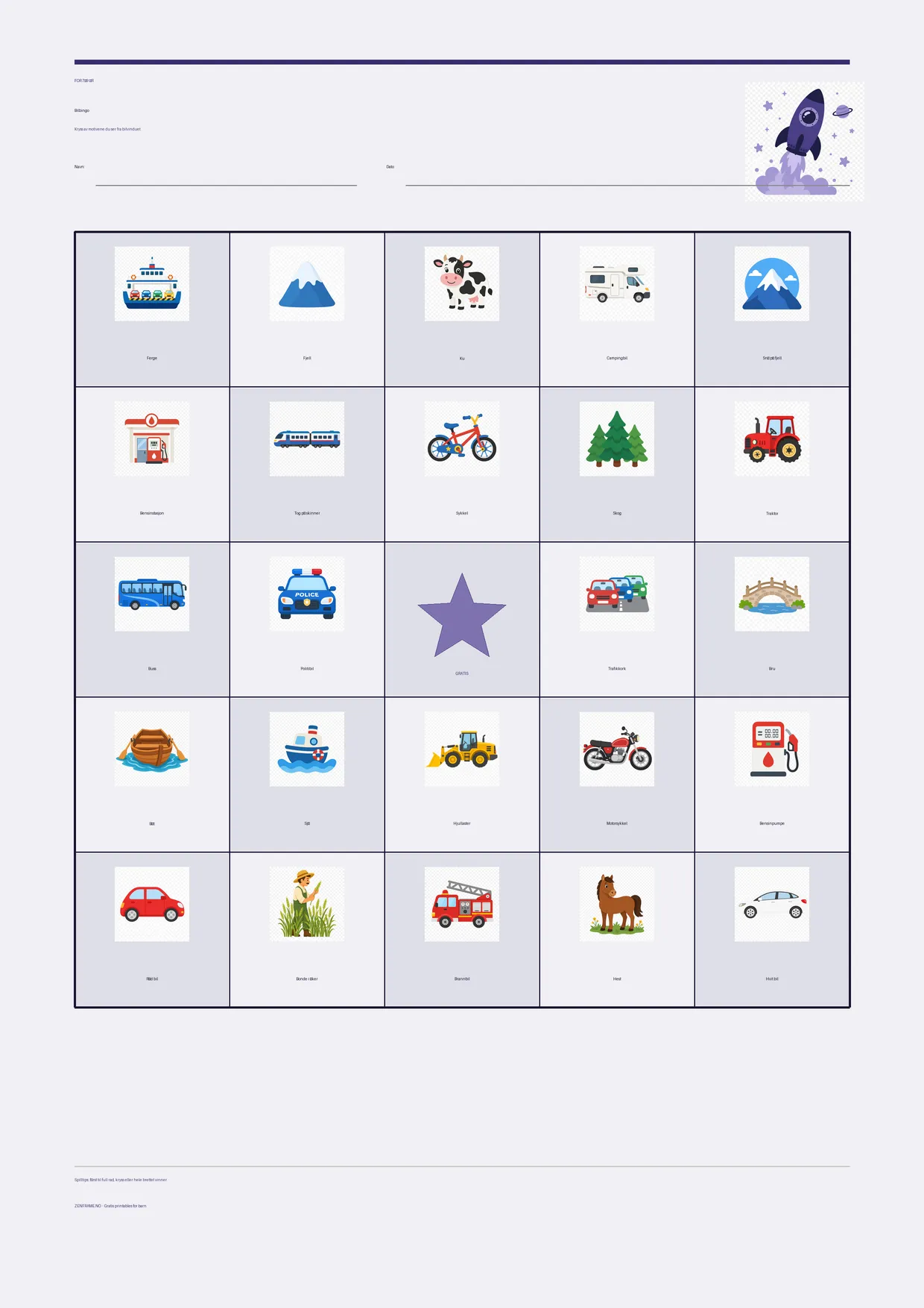 Bilbingo for barn 7–9 år – Romfart-tema – gratis utskrivbart A4-brett