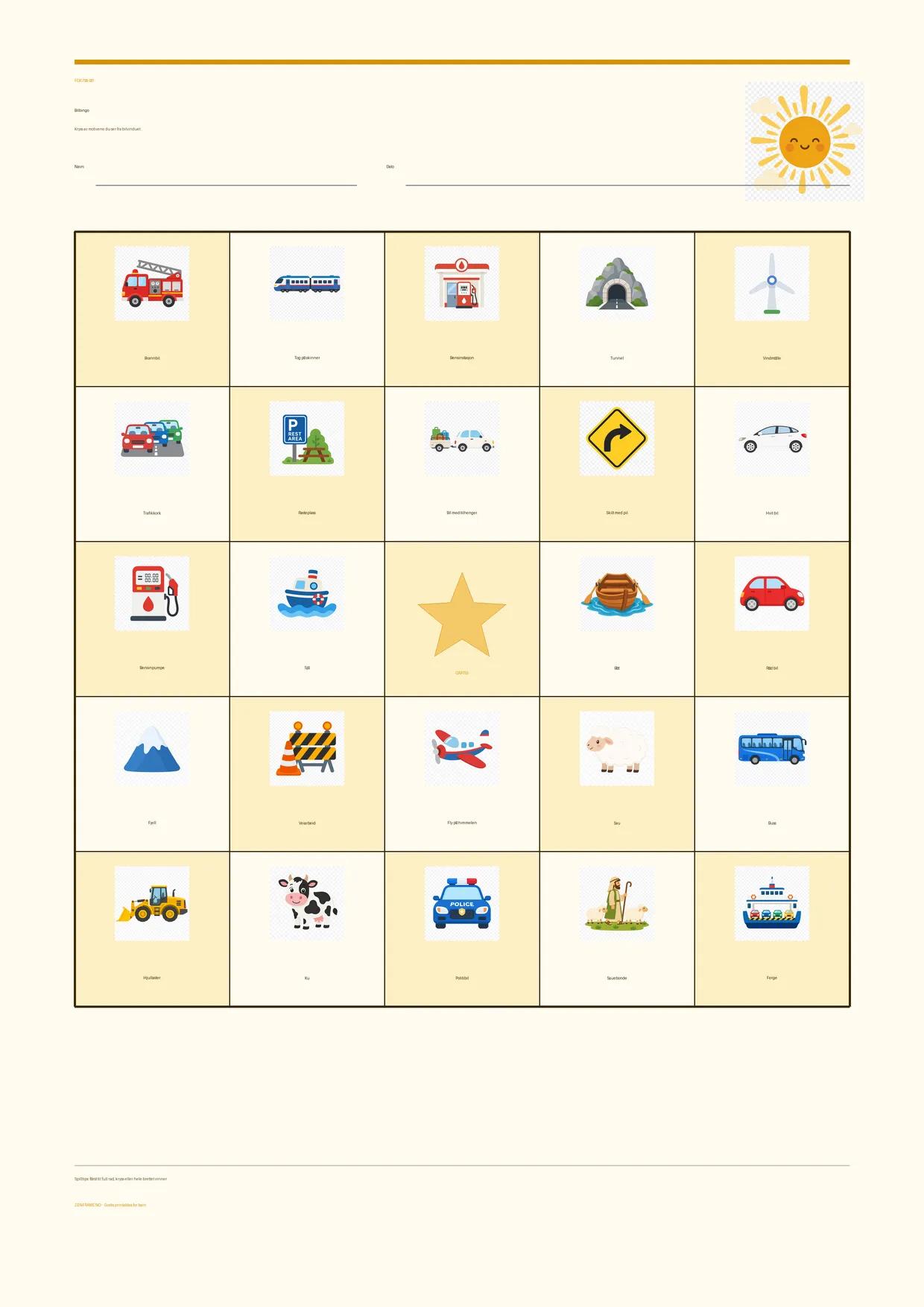 Bilbingo for barn 7–9 år – Sommer-tema – gratis utskrivbart A4-brett
