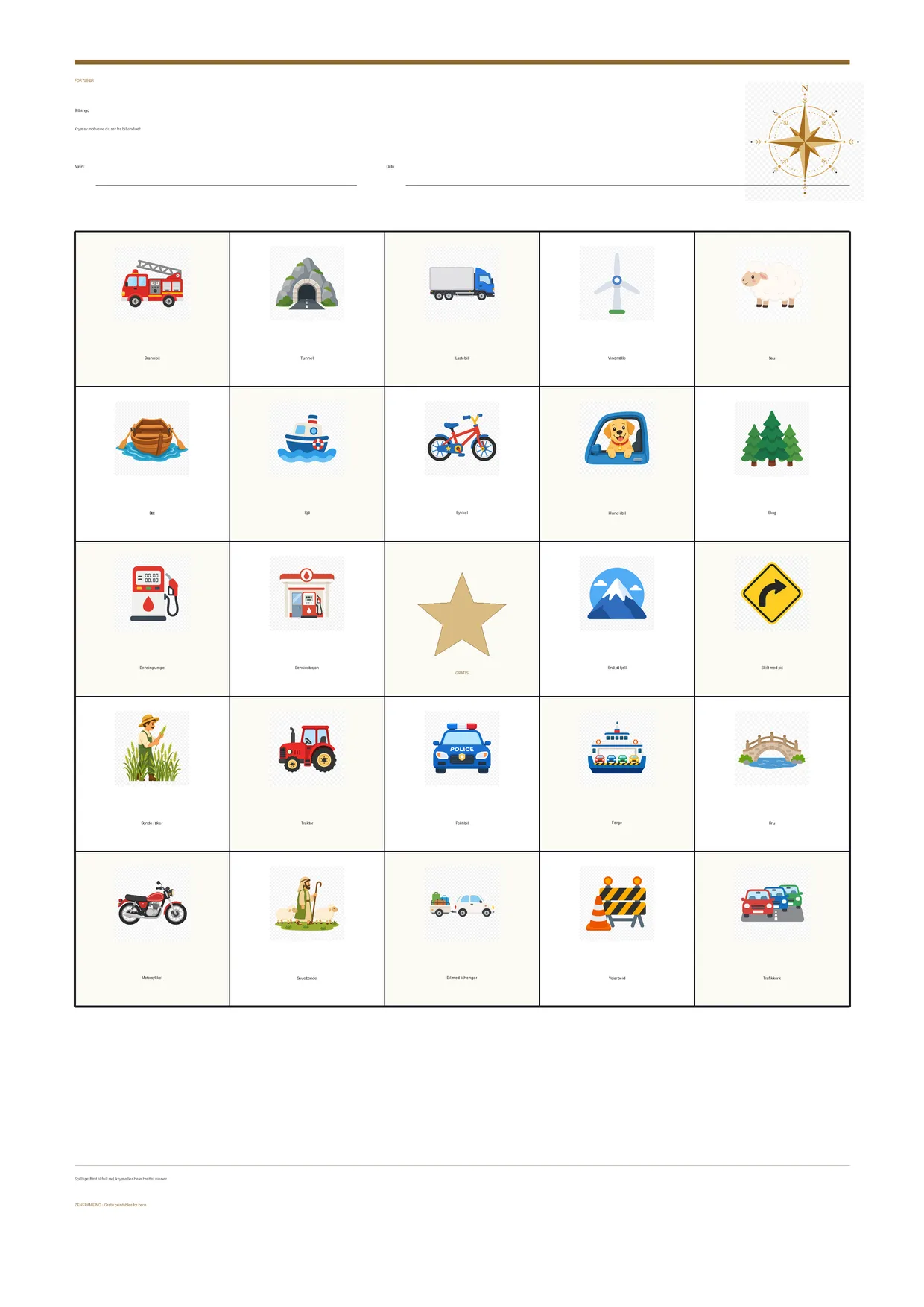 Bilbingo for barn 7–9 år – gratis utskrivbart A4-brett
