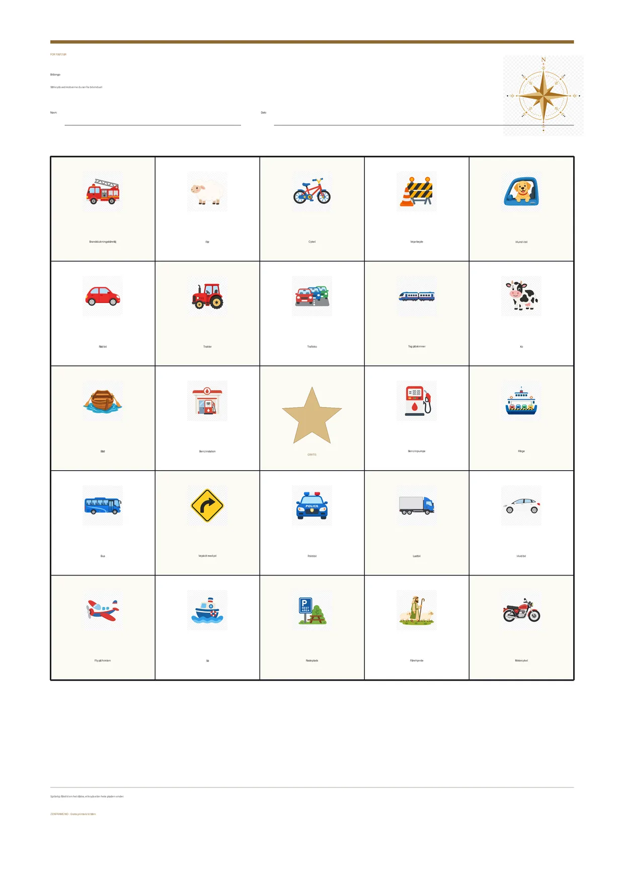 Bilbingo for børn 10–12 år – gratis printbar A4-plade