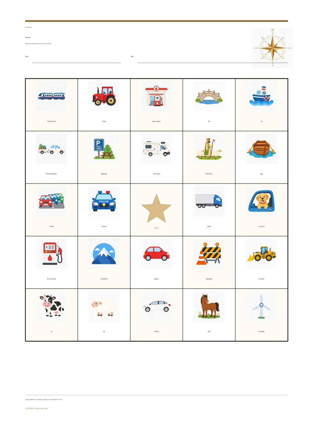 Bilbingo for børn 4–6 år – gratis printbar A4-plade