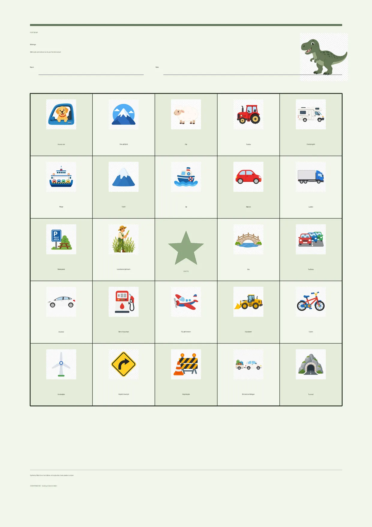 Bilbingo for børn 7–9 år – Dinosaur-tema – gratis printbar A4-plade