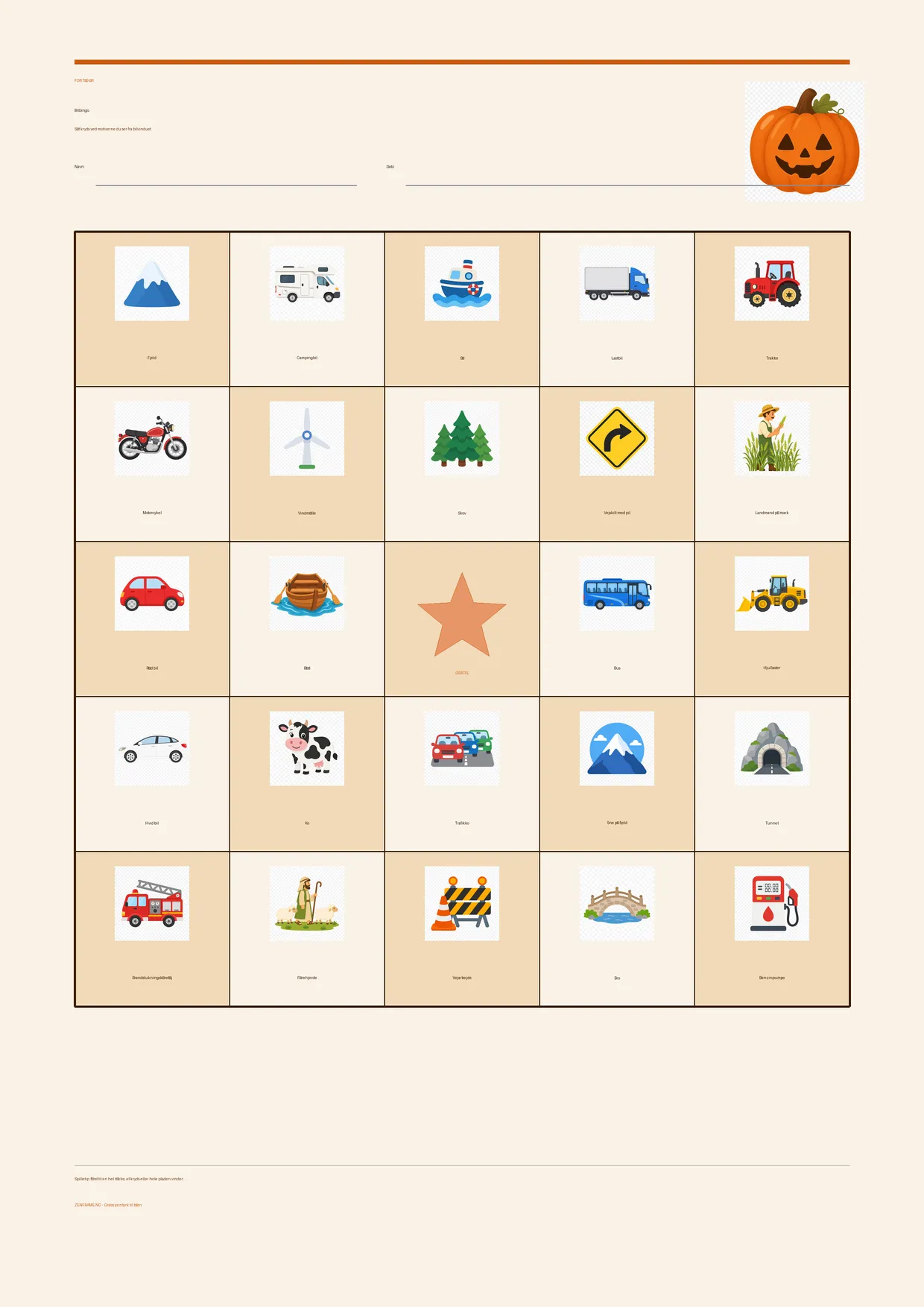 Bilbingo for børn 7–9 år – Halloween-tema – gratis printbar A4-plade