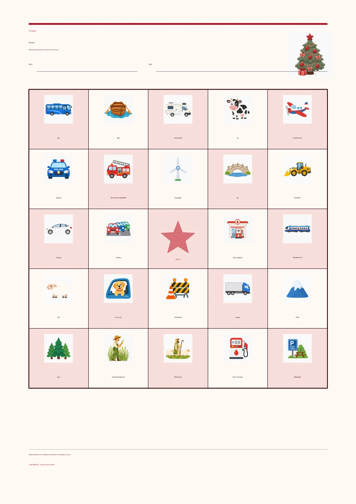 Bilbingo for børn 7–9 år – Jul-tema – gratis printbar A4-plade