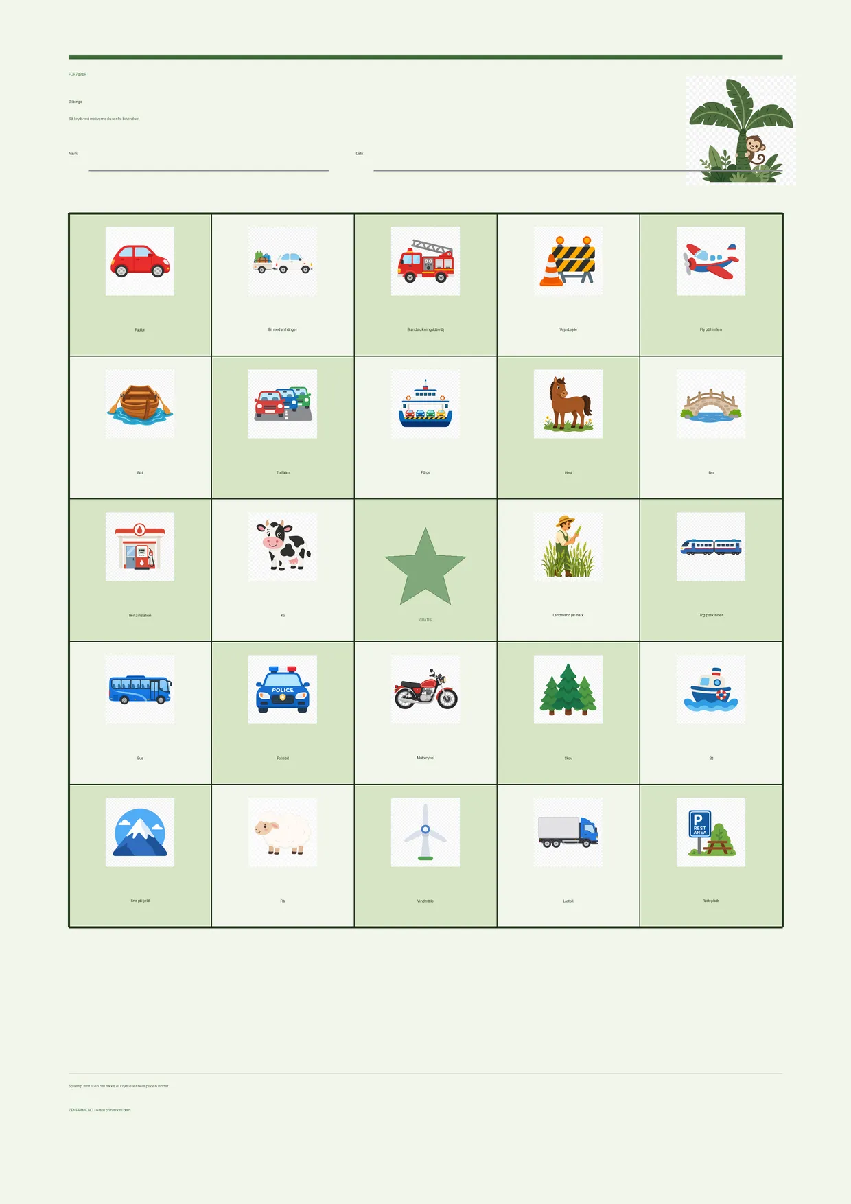 Bilbingo for børn 7–9 år – Jungle-tema – gratis printbar A4-plade