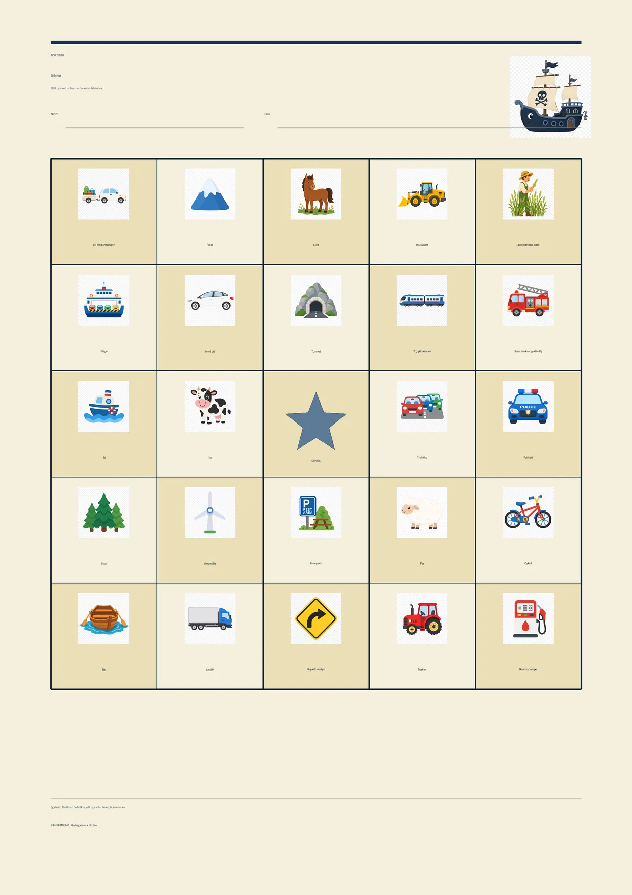 Bilbingo for børn 7–9 år – Pirat-tema – gratis printbar A4-plade