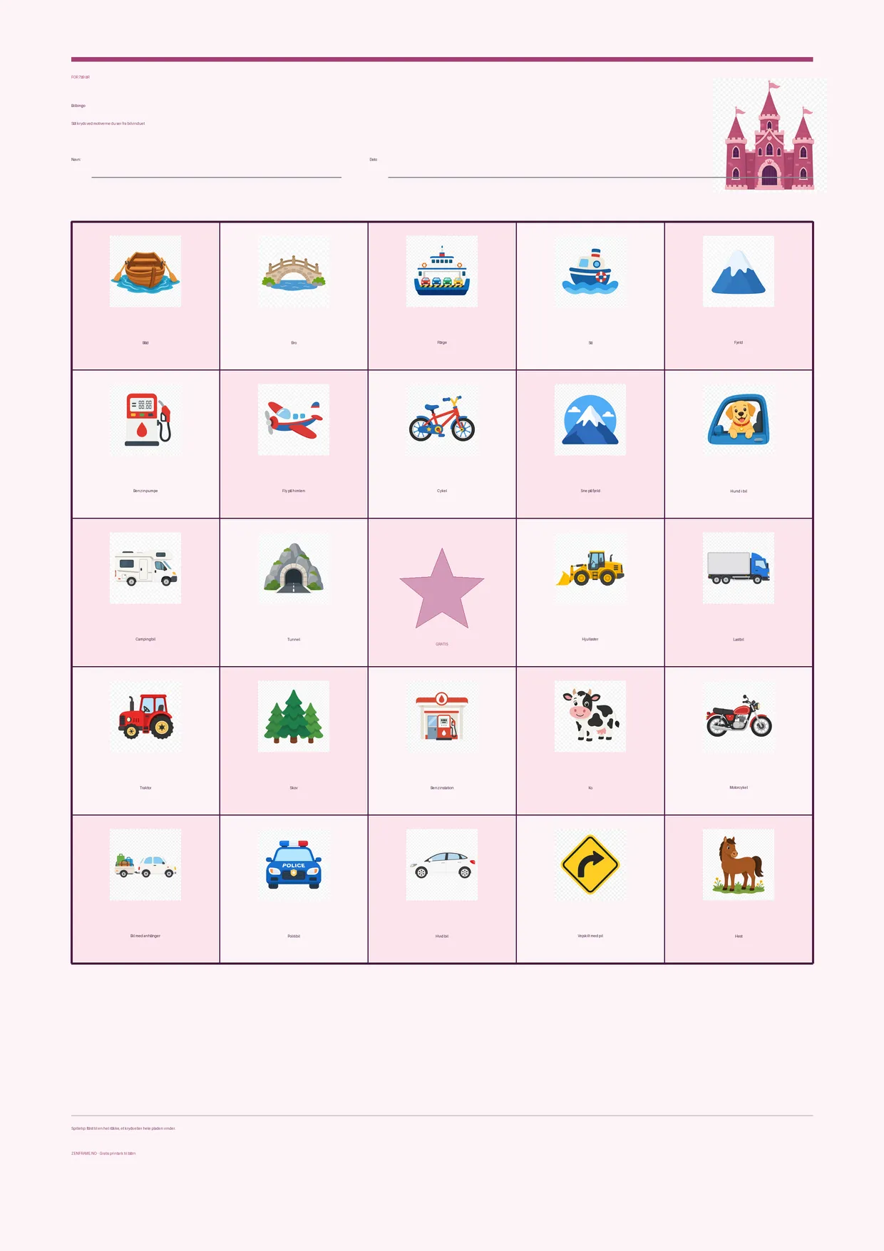 Bilbingo for børn 7–9 år – Prinsesse-tema – gratis printbar A4-plade