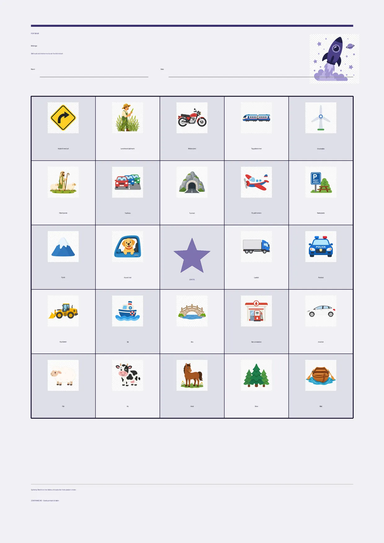 Bilbingo for børn 7–9 år – Rummet-tema – gratis printbar A4-plade